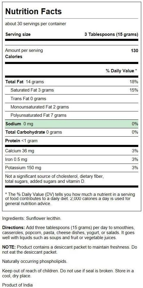 Organic Sunflower Lecithin Powder for Brain & Nervous System Support - Non-GMO, Soy-Free, Vegetarian - 16oz