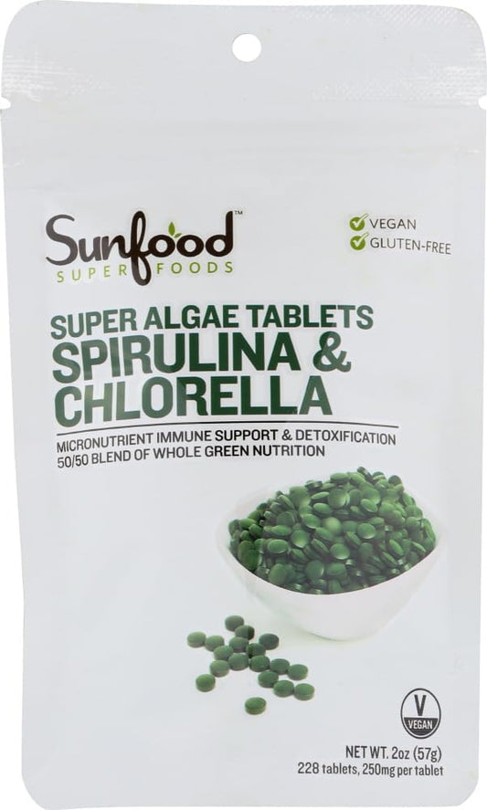Organic Sunfood Raw Spirulina Chlorella Tablets 50/50 Blend 2 oz Bag 228 Tablets | Chlorophyll-Rich Superfood Vegan Protein
