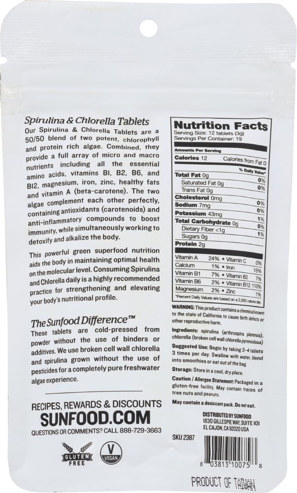 Organic Sunfood Raw Spirulina Chlorella Tablets 50/50 Blend 2 oz Bag 228 Tablets | Chlorophyll-Rich Superfood Vegan Protein