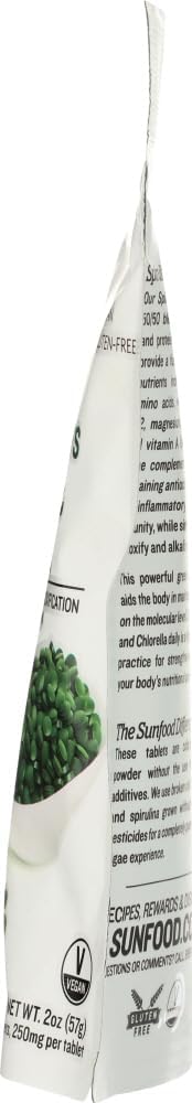 Organic Sunfood Raw Spirulina Chlorella Tablets 50/50 Blend 2 oz Bag 228 Tablets | Chlorophyll-Rich Superfood Vegan Protein