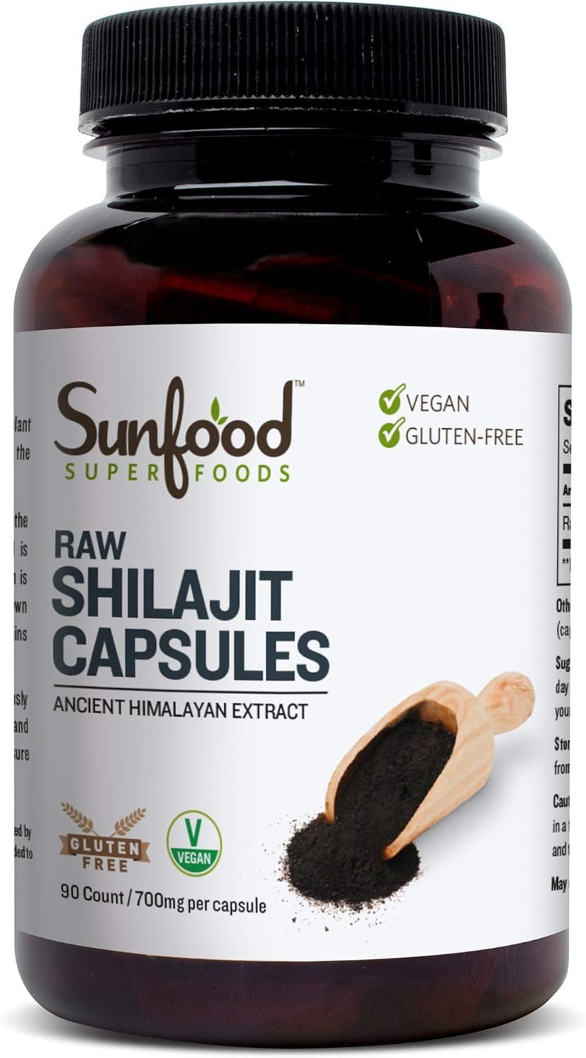 Organic Sunfood Shilajit Capsules - Pure Himalayan Resin for Women & Men, Rich in Fulvic Acid, Minerals - 90 Pills