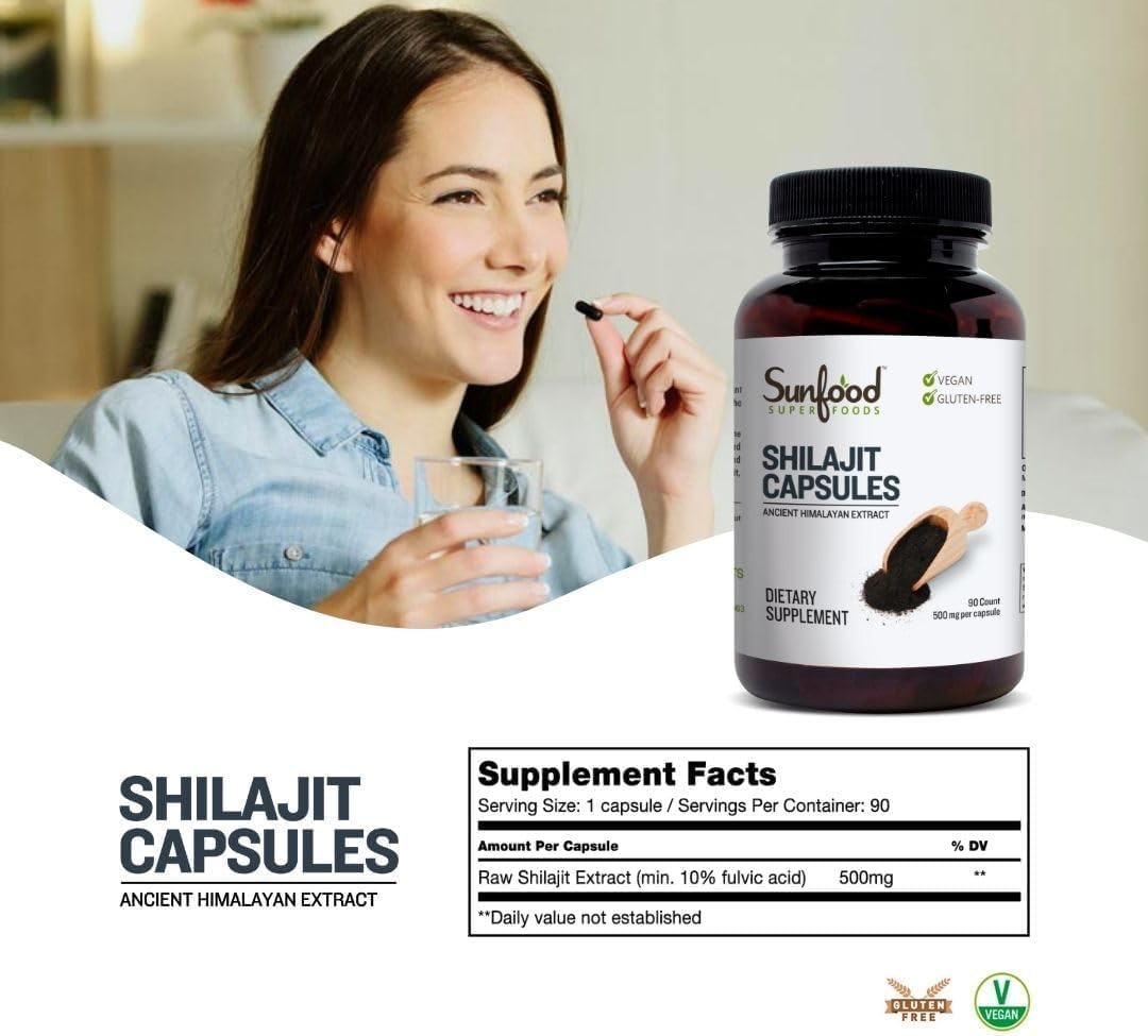 Organic Sunfood Shilajit Capsules - Pure Himalayan Resin for Women & Men, Rich in Fulvic Acid, Minerals - 90 Pills