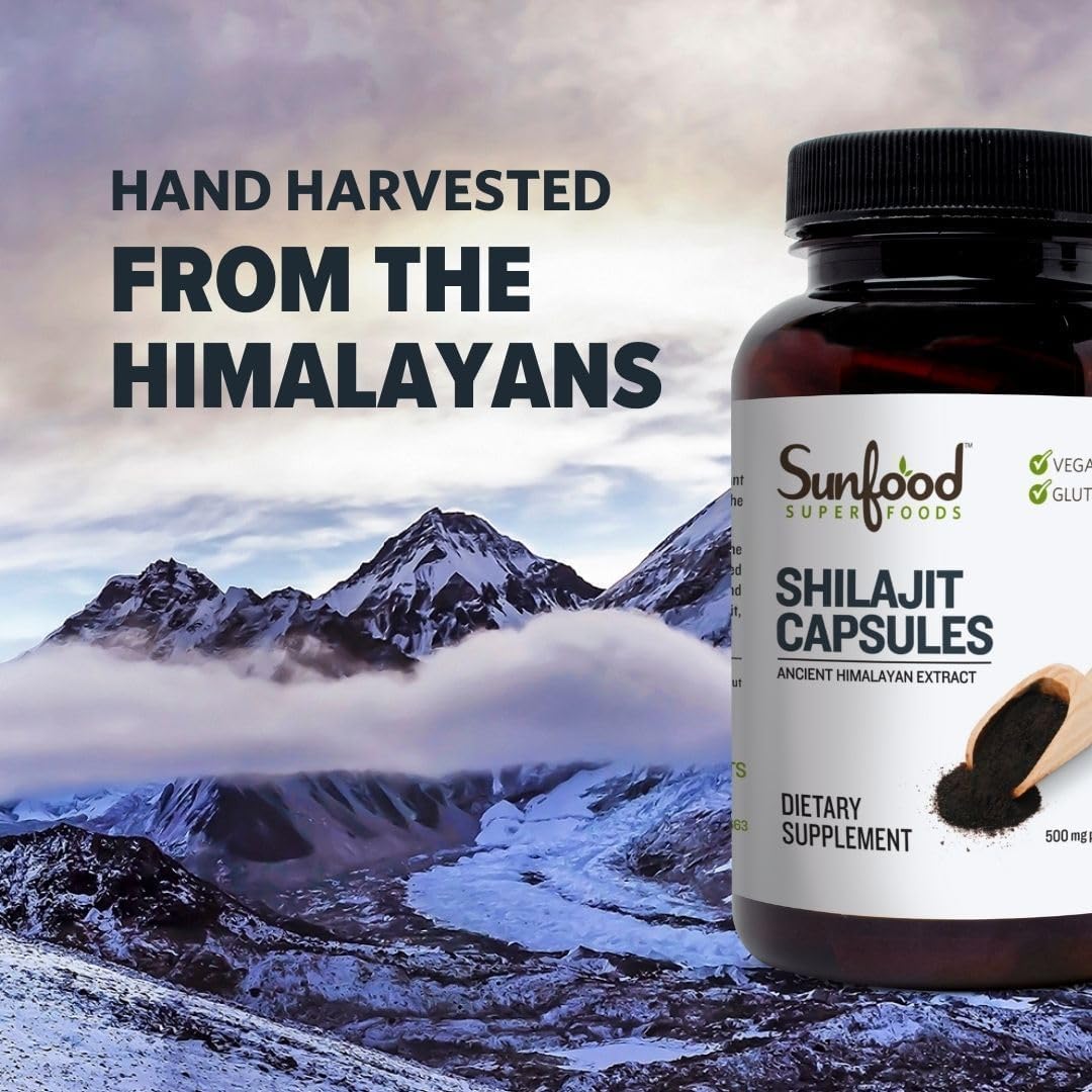 Organic Sunfood Shilajit Capsules - Pure Himalayan Resin for Women & Men, Rich in Fulvic Acid, Minerals - 90 Pills