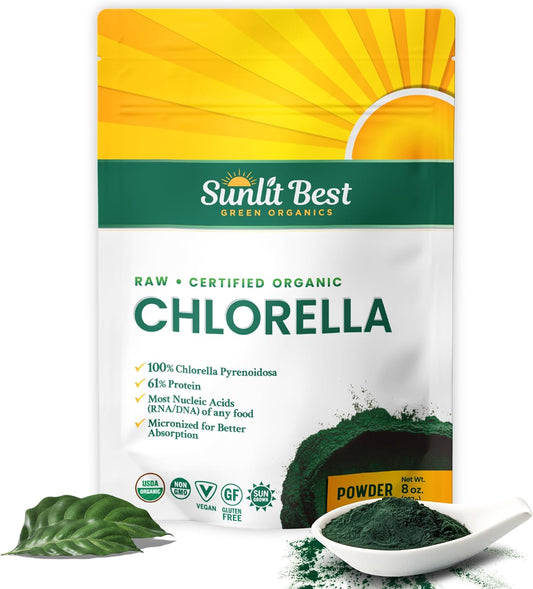 Organic Sunlit Best Chlorella Powder - Vegan Source of Protein & Chlorophyll, Non GMO Superfood Energy Drink for Immune & Gut Health, 8 oz