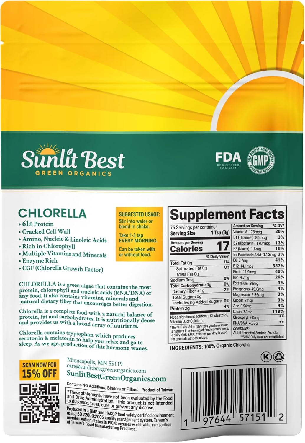 Organic Sunlit Best Chlorella Powder - Vegan Source of Protein & Chlorophyll, Non GMO Superfood Energy Drink for Immune & Gut Health, 8 oz