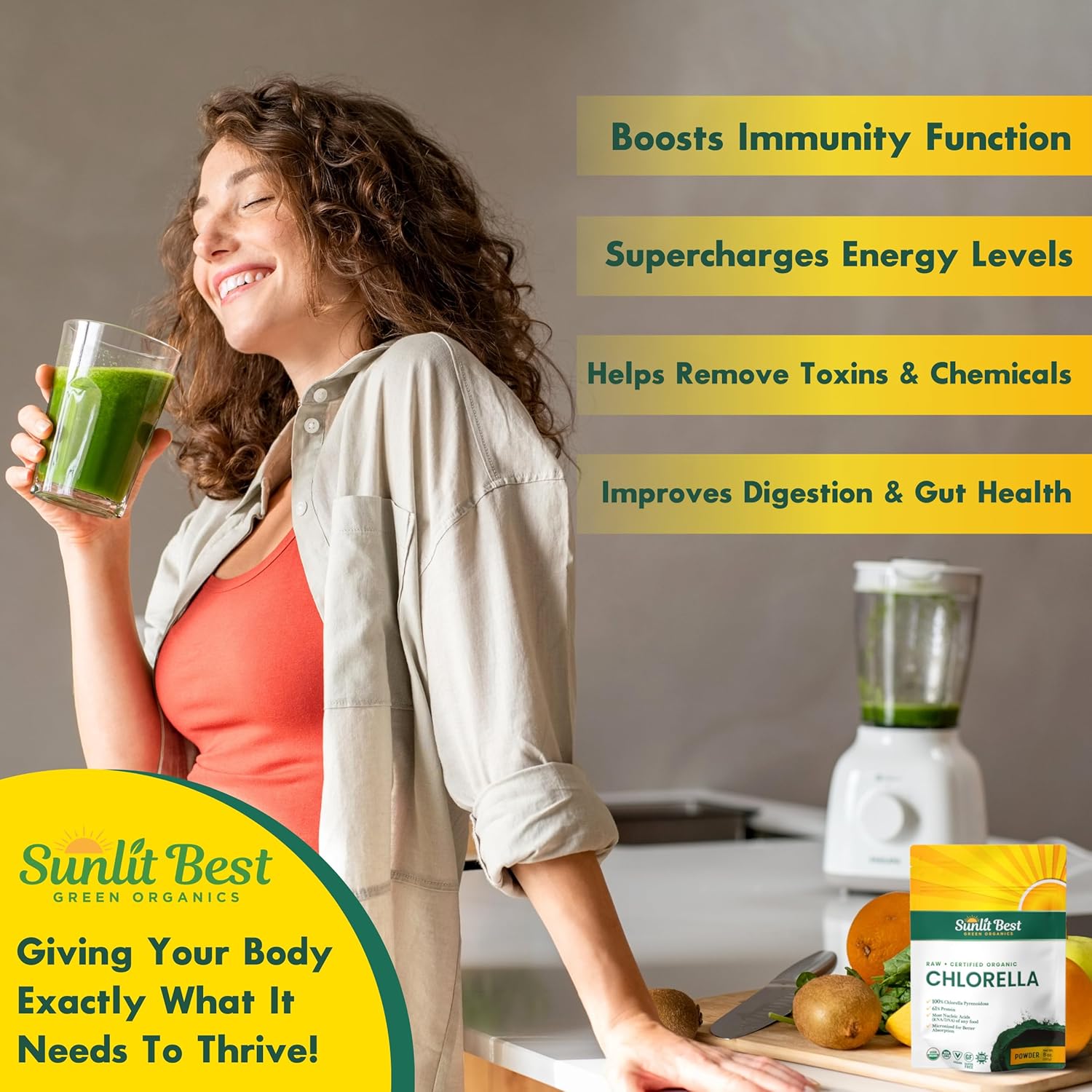 Organic Sunlit Best Chlorella Powder - Vegan Source of Protein & Chlorophyll, Non GMO Superfood Energy Drink for Immune & Gut Health, 8 oz