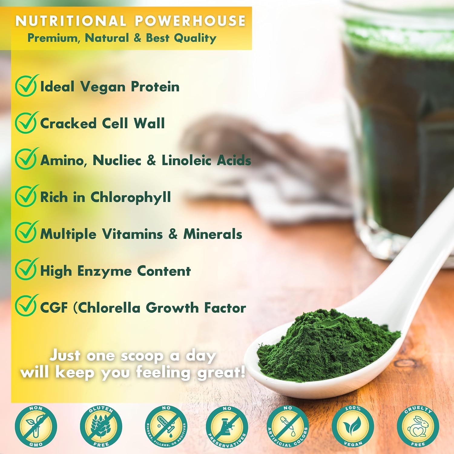 Organic Sunlit Best Chlorella Powder - Vegan Source of Protein & Chlorophyll, Non GMO Superfood Energy Drink for Immune & Gut Health, 8 oz