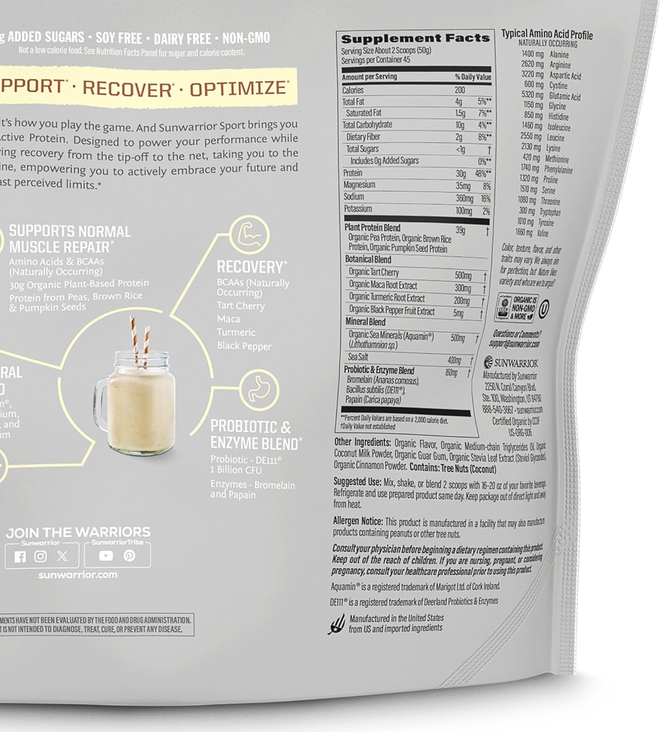 Organic Sunwarrior Plant-Based Vegan Protein Powder Vanilla 4.96lbs | Non-GMO BCAA Sugar, Gluten, Dairy Free | Ideal for Active Lifestyles