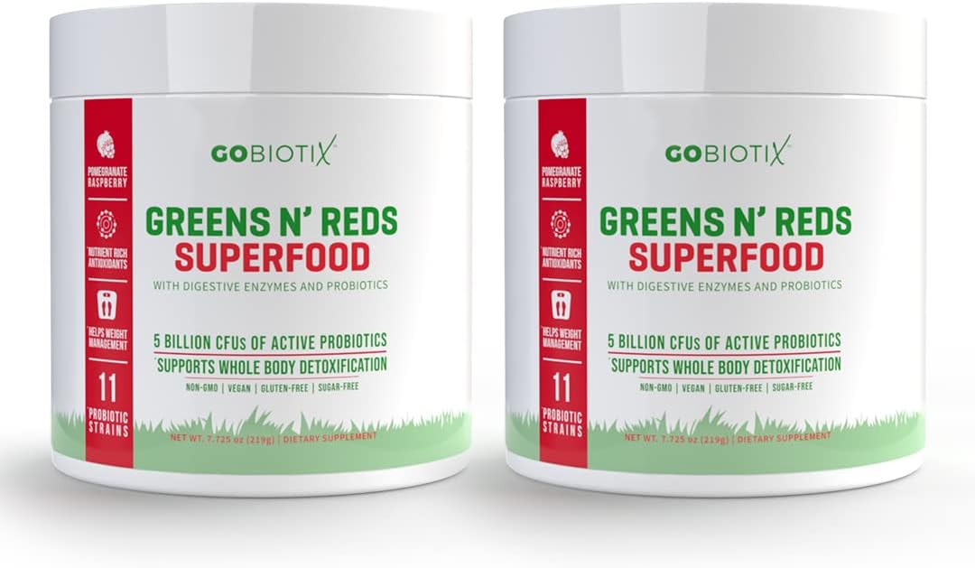 Organic Super Greens and Reds Powder with Probiotics and Digestive Enzymes - Whole Foods Dietary Supplement - Pom Raspberry Flavor - 2 Pack