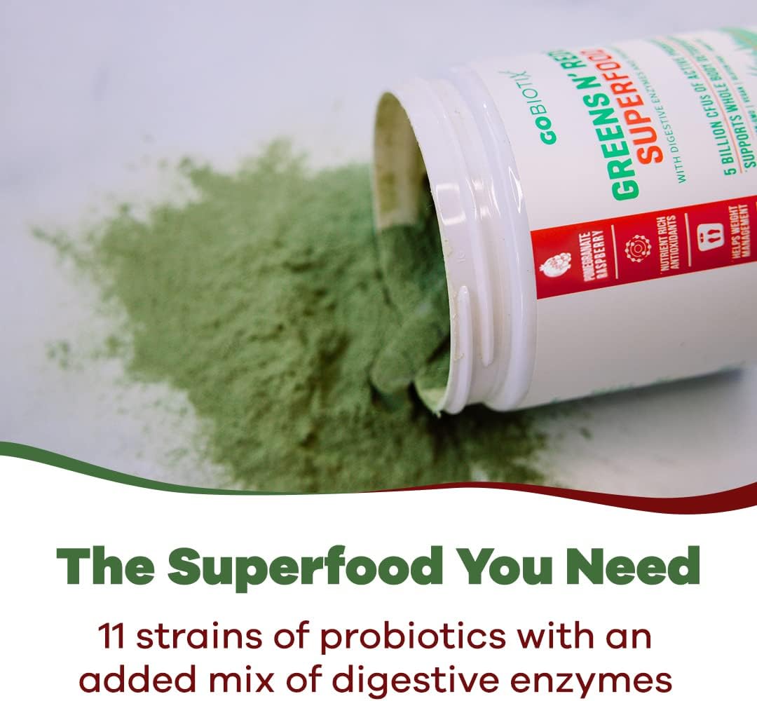 Organic Super Greens and Reds Powder with Probiotics and Digestive Enzymes - Whole Foods Dietary Supplement - Pom Raspberry Flavor - 2 Pack
