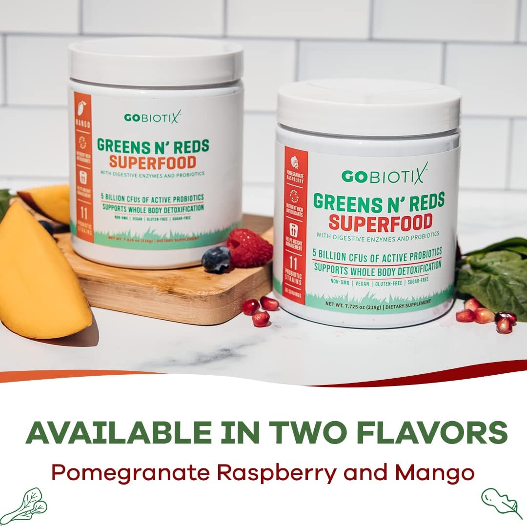 Organic Super Greens and Reds Powder with Probiotics and Digestive Enzymes - Whole Foods Dietary Supplement - Pom Raspberry Flavor - 2 Pack