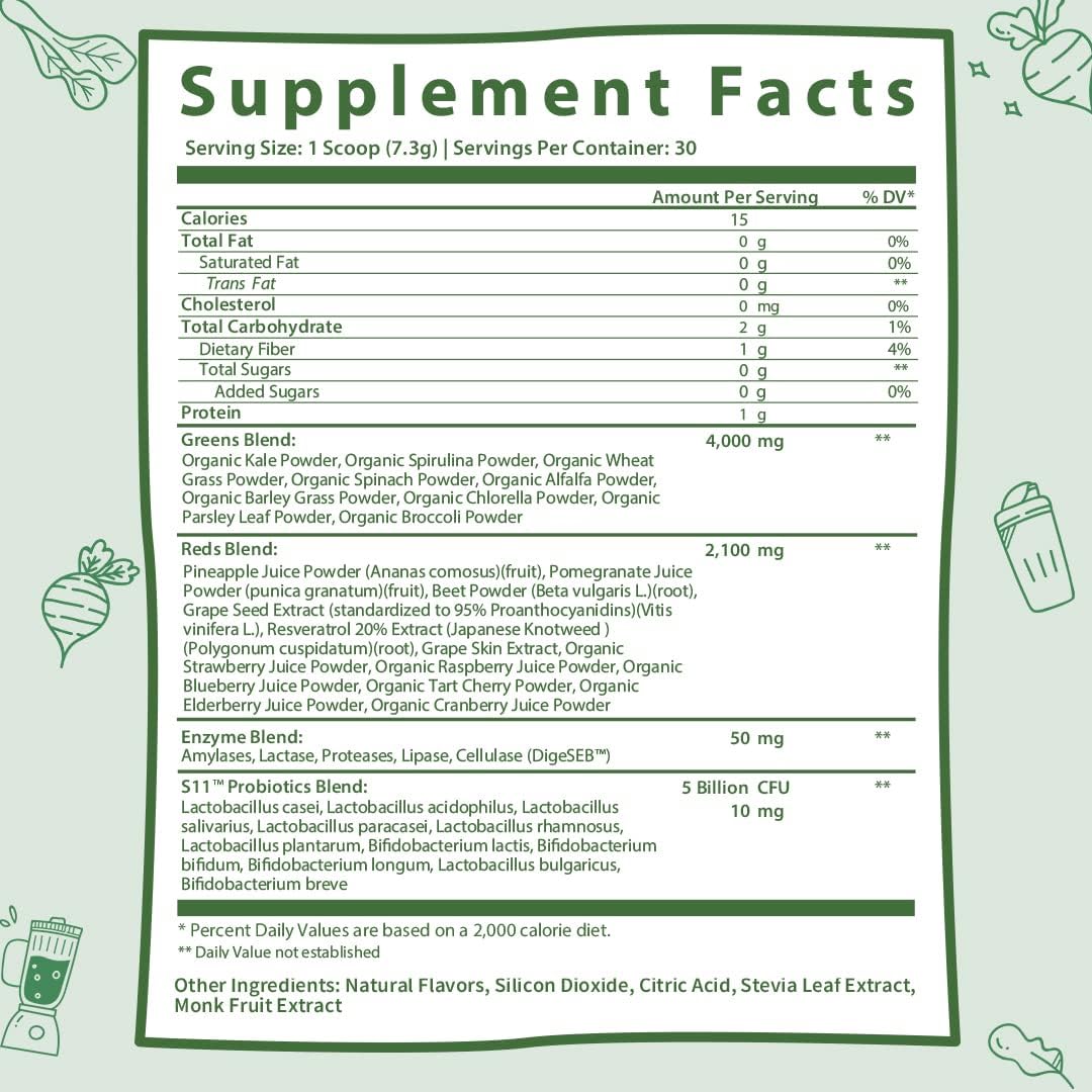 Organic Super Greens and Reds Powder with Probiotics and Digestive Enzymes - Whole Foods Dietary Supplement - Pom Raspberry Flavor - 2 Pack