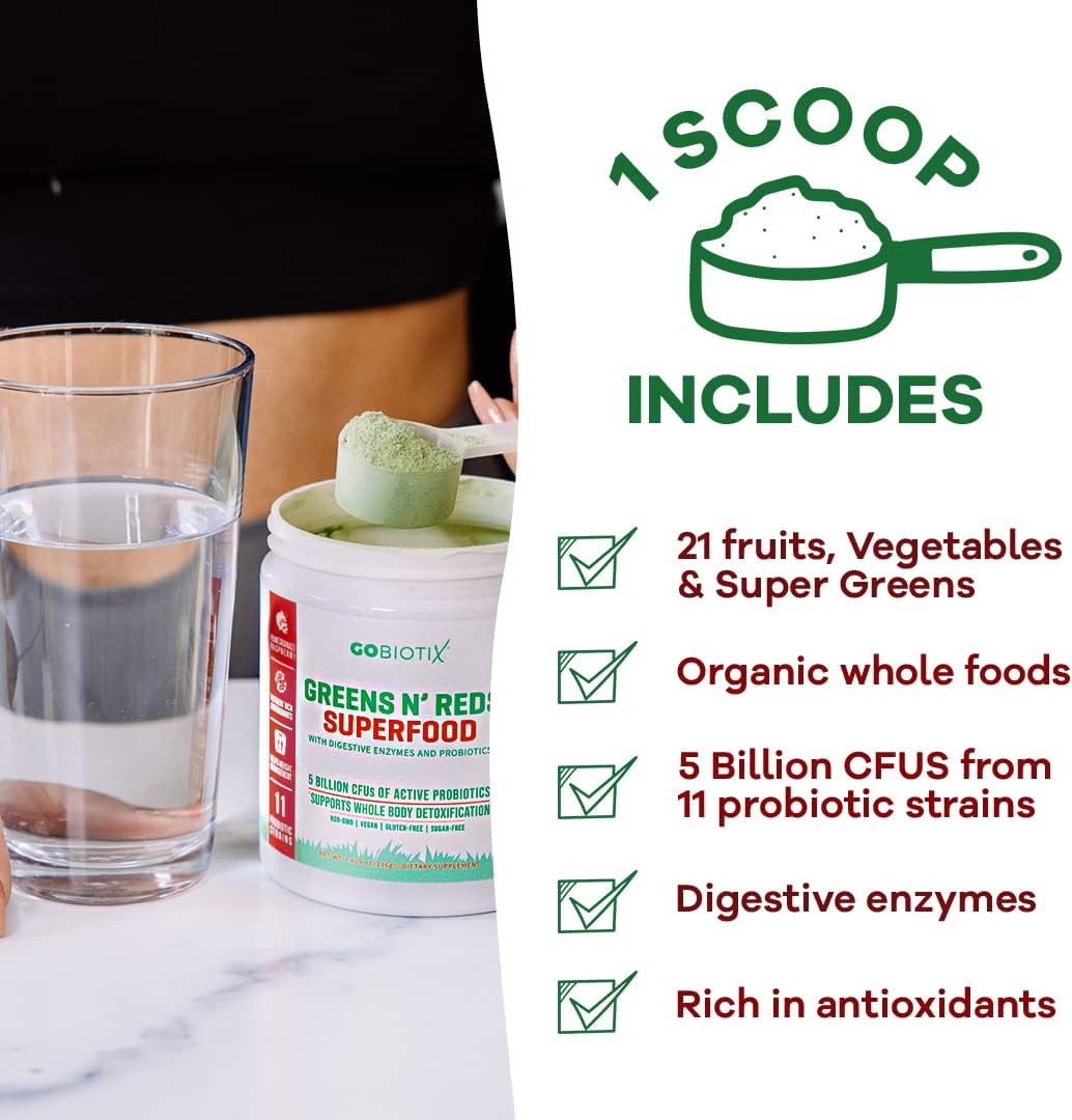 Organic Super Greens and Reds Powder with Probiotics and Digestive Enzymes - Whole Foods Dietary Supplement - Pom Raspberry Flavor - 2 Pack