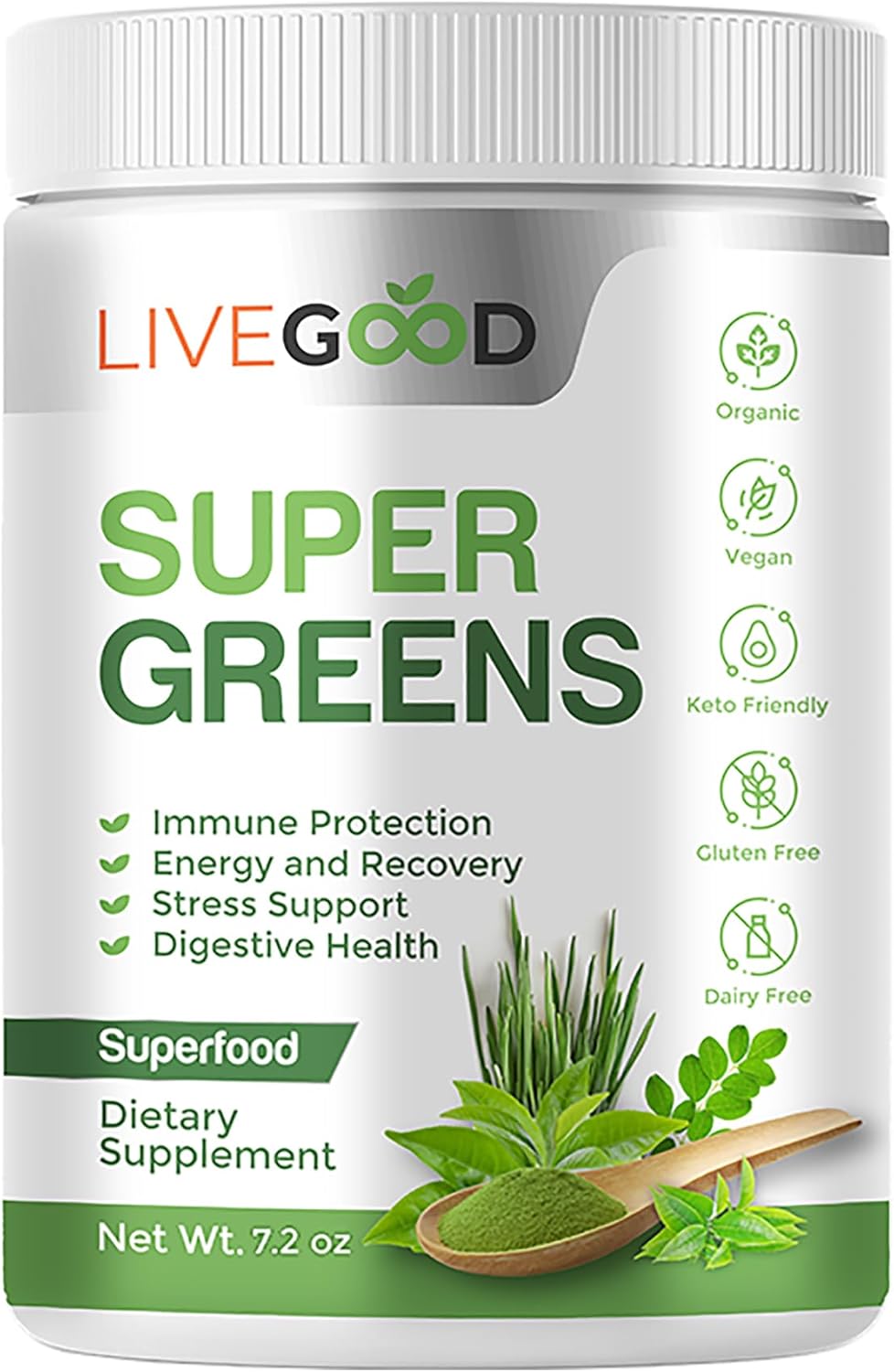 Organic Super Greens Blend with Wheat, Barley, Matcha Green Tea, Aloe Vera - Vegan & Gluten-Free - 7.2 oz