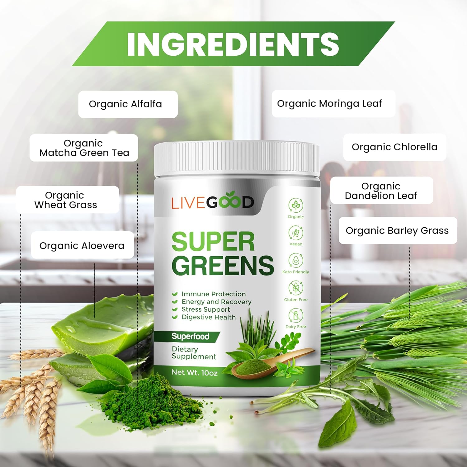 Organic Super Greens Blend with Wheat, Barley, Matcha Green Tea, Aloe Vera - Vegan & Gluten-Free - 7.2 oz