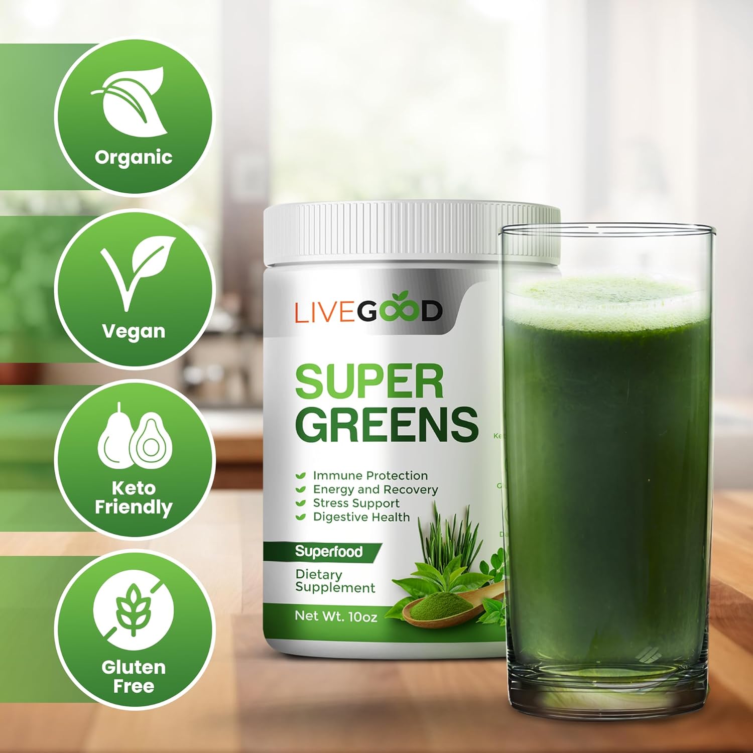 Organic Super Greens Blend with Wheat, Barley, Matcha Green Tea, Aloe Vera - Vegan & Gluten-Free - 7.2 oz
