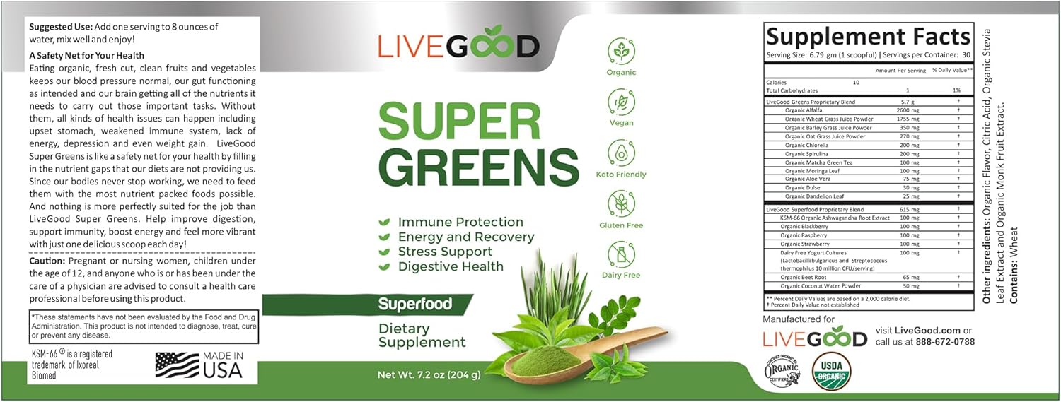 Organic Super Greens Blend with Wheat, Barley, Matcha Green Tea, Aloe Vera - Vegan & Gluten-Free - 7.2 oz