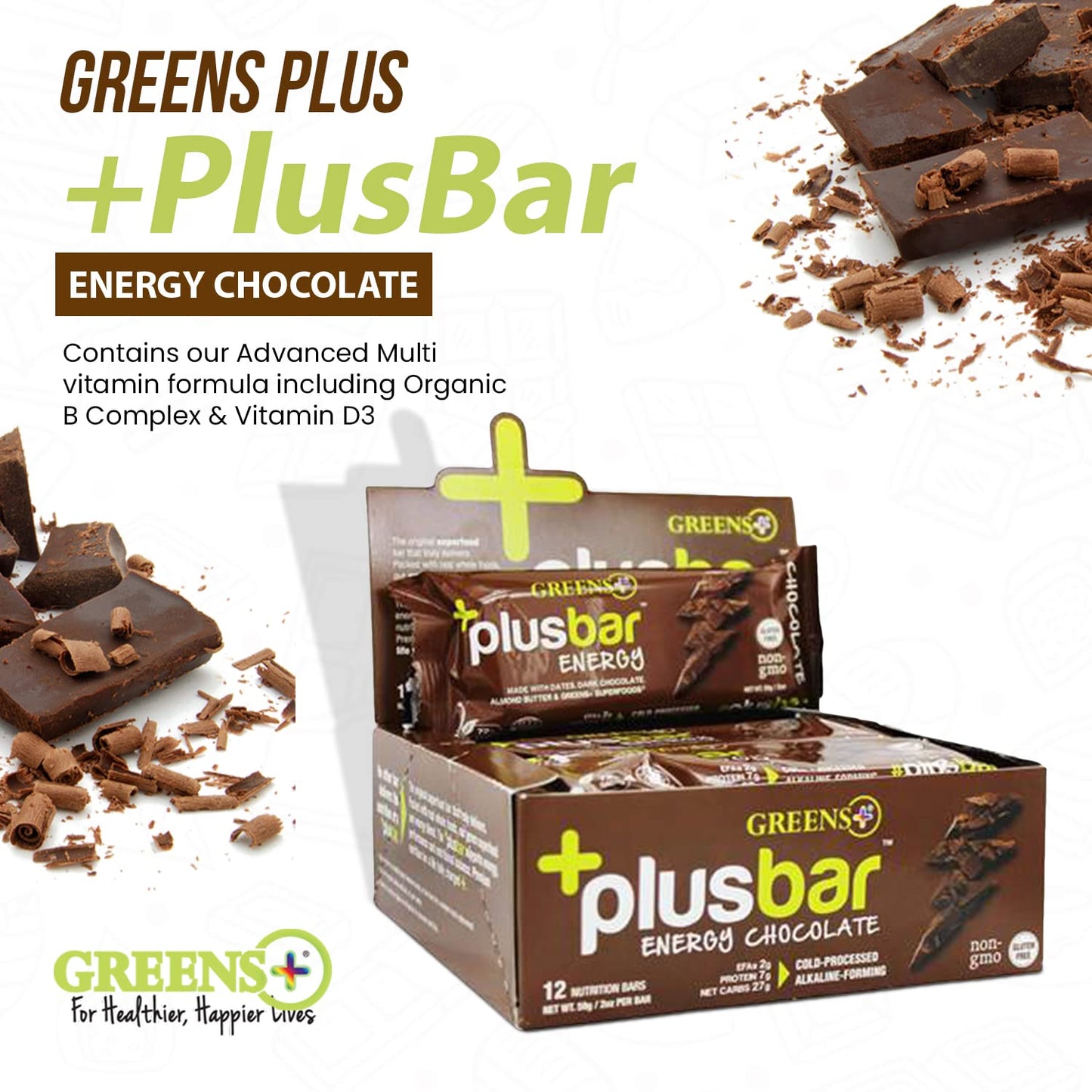 Organic Super Greens Dark Chocolate Energy Bars - Gluten Free & Vegan Snacks with Superfoods - 12 Bars, 8g Protein Meal Replacement