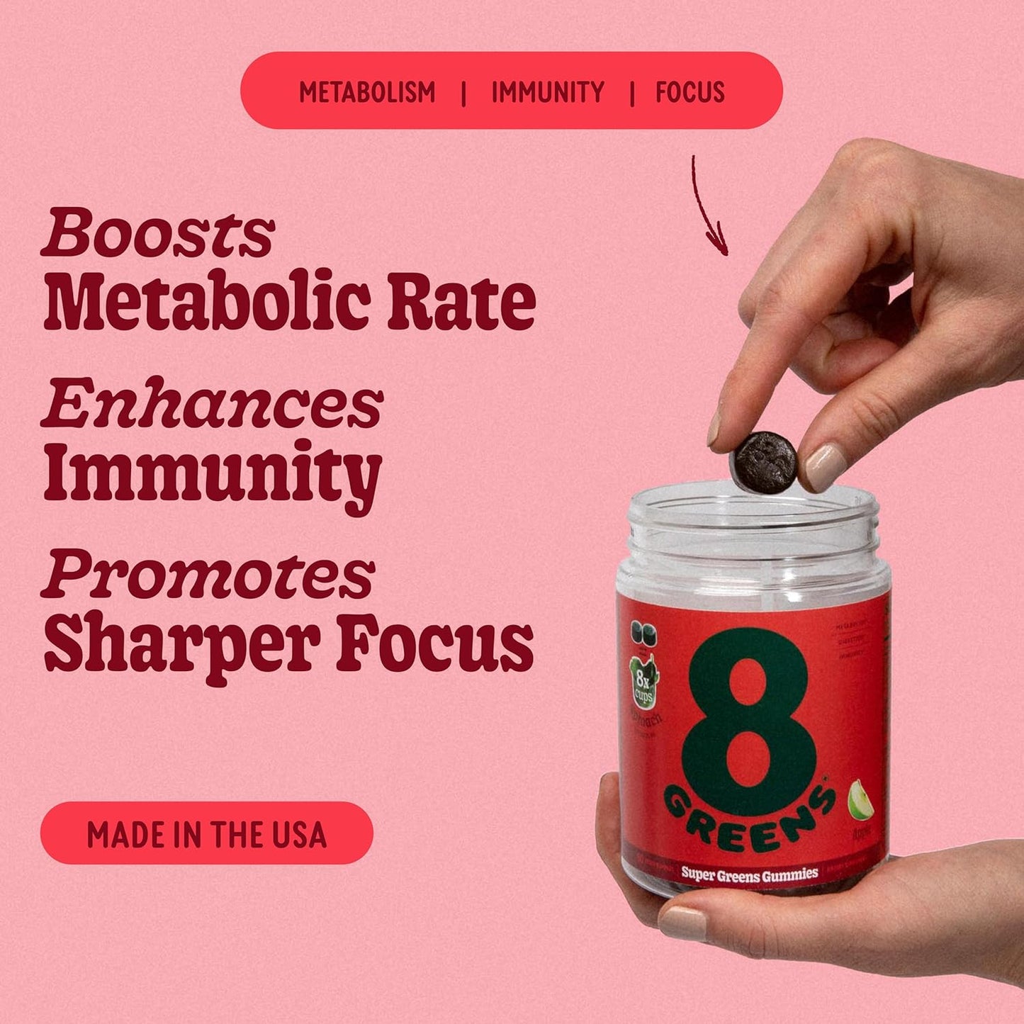 Organic Super Greens Gummies for Metabolism, Immunity & Focus - 100 Count