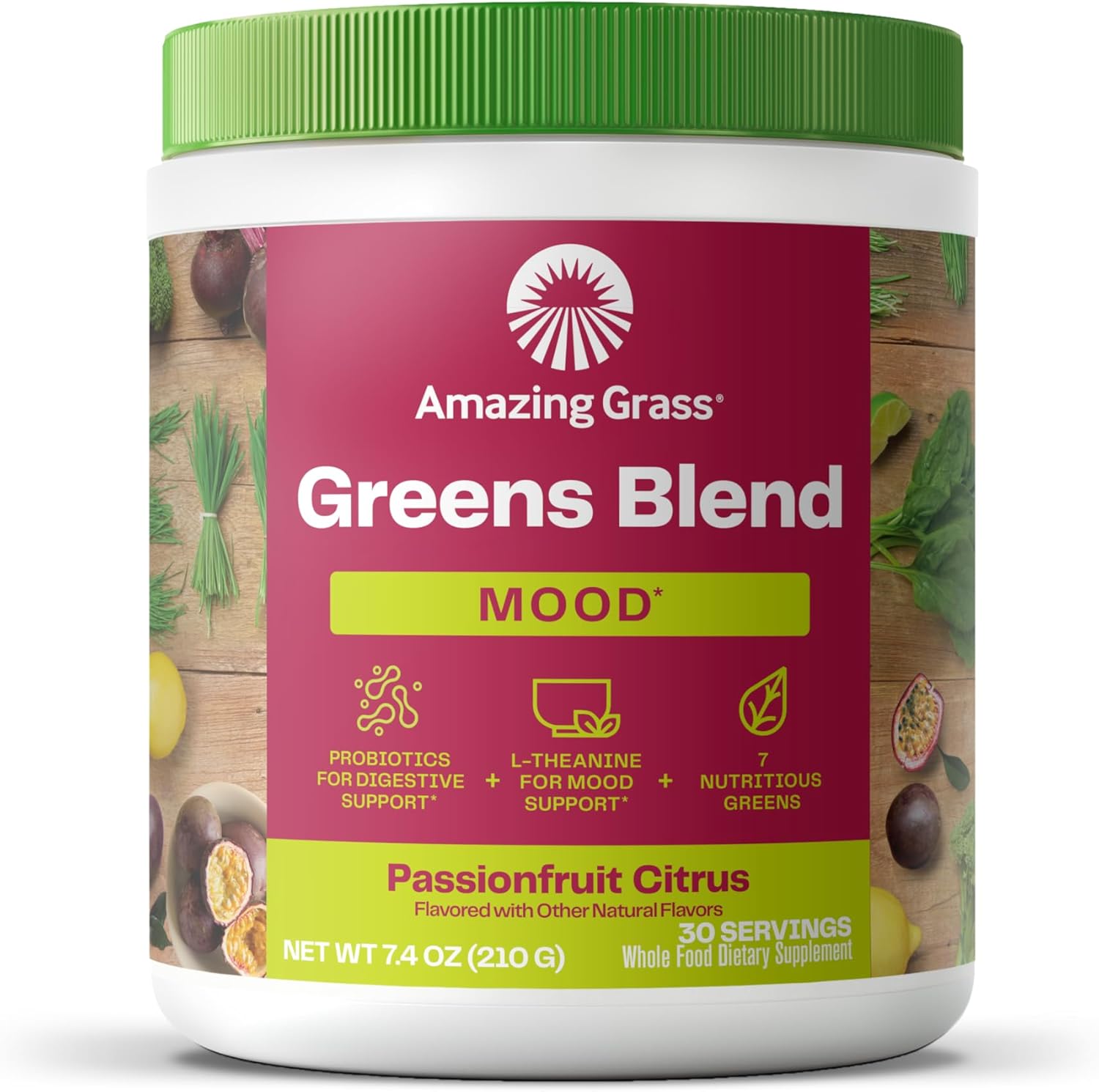 Organic Super Greens Powder for Mood, Relaxation & Stress Support - With Spirulina, Chlorella, Beet Root Powder, Digestive Enzymes & Probiotics - 30 Servings
