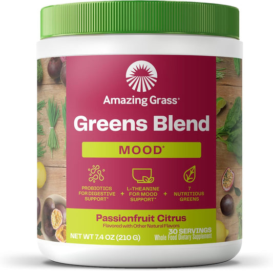 Organic Super Greens Powder for Mood, Relaxation & Stress Support - With Spirulina, Chlorella, Beet Root Powder, Digestive Enzymes & Probiotics - 30 Servings