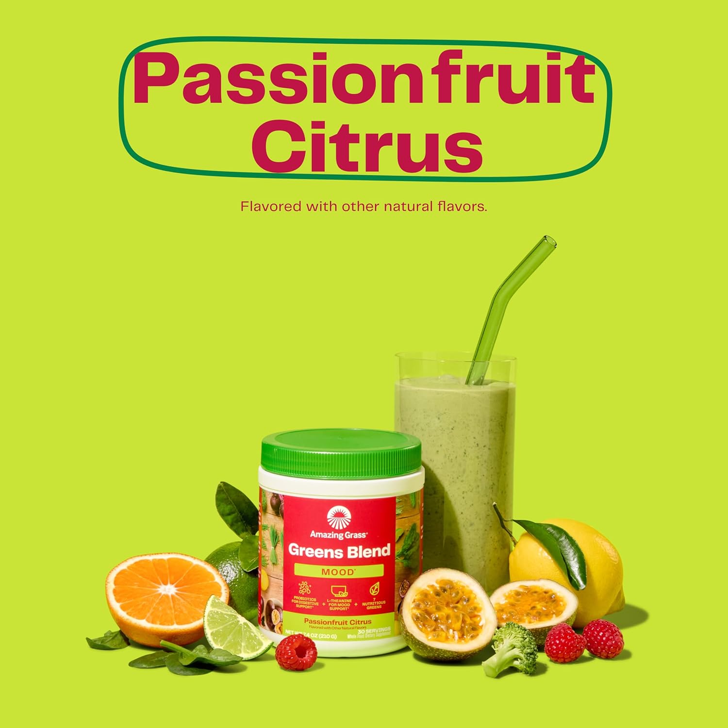 Organic Super Greens Powder for Mood, Relaxation & Stress Support - With Spirulina, Chlorella, Beet Root Powder, Digestive Enzymes & Probiotics - 30 Servings