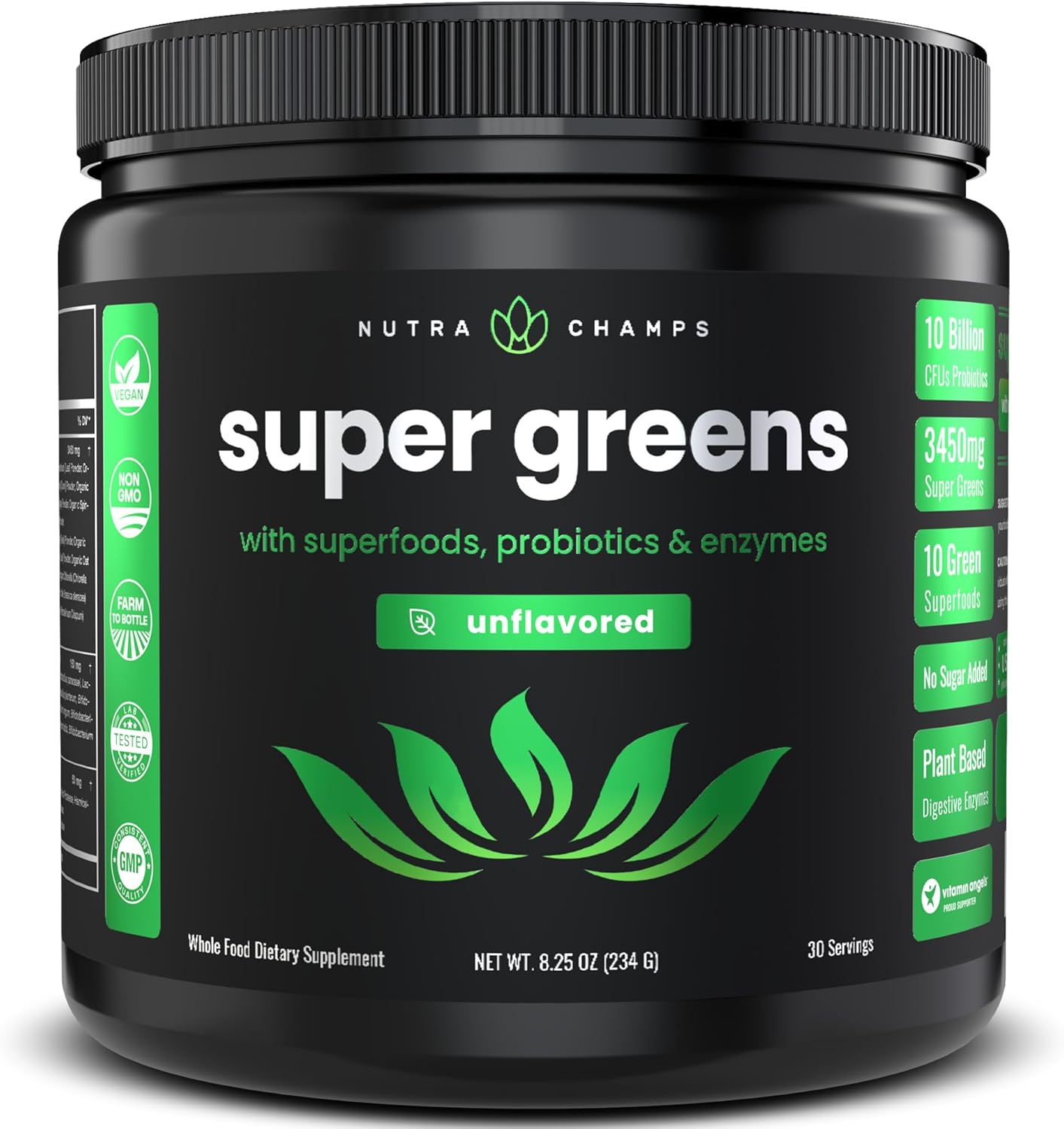 Organic Super Greens Powder with 20+ Green Veggies, Antioxidants, Digestive Enzymes & Probiotics - 9.0 Oz Unflavored