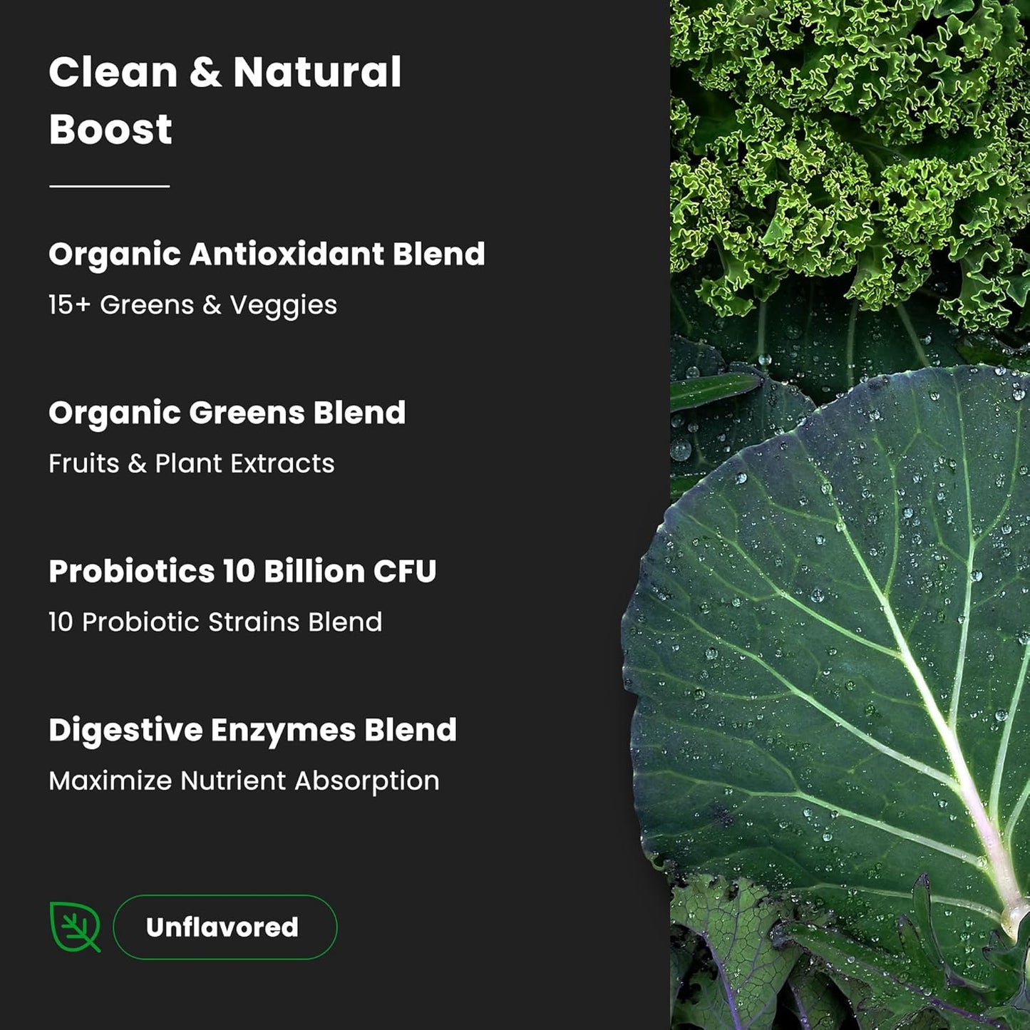 Organic Super Greens Powder with 20+ Green Veggies, Antioxidants, Digestive Enzymes & Probiotics - 9.0 Oz Unflavored