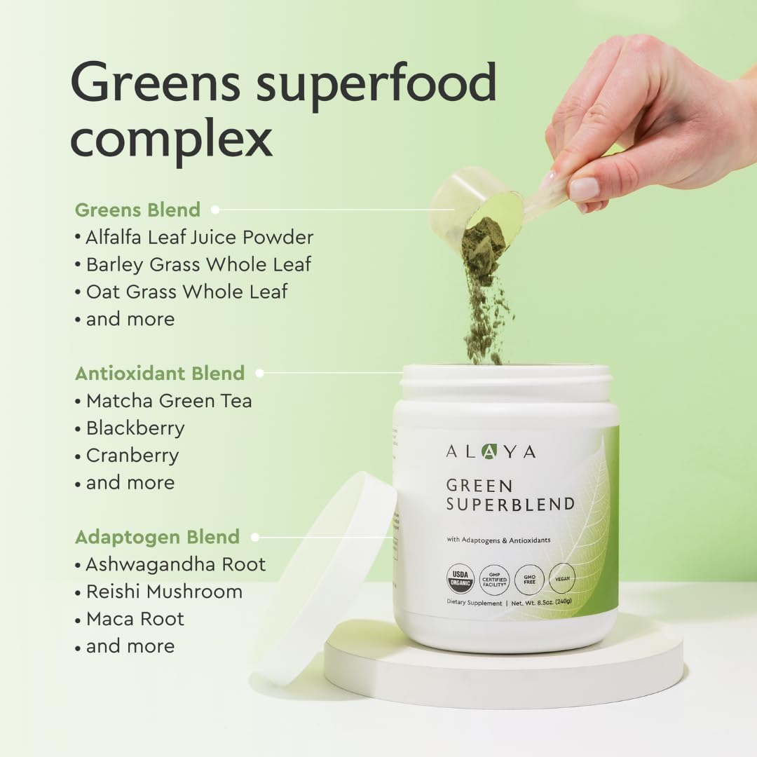 Organic Super Greens Powder with Adaptogens, Antioxidants, Probiotics - USDA Organic, Non-GMO, Vegan - 30 Servings
