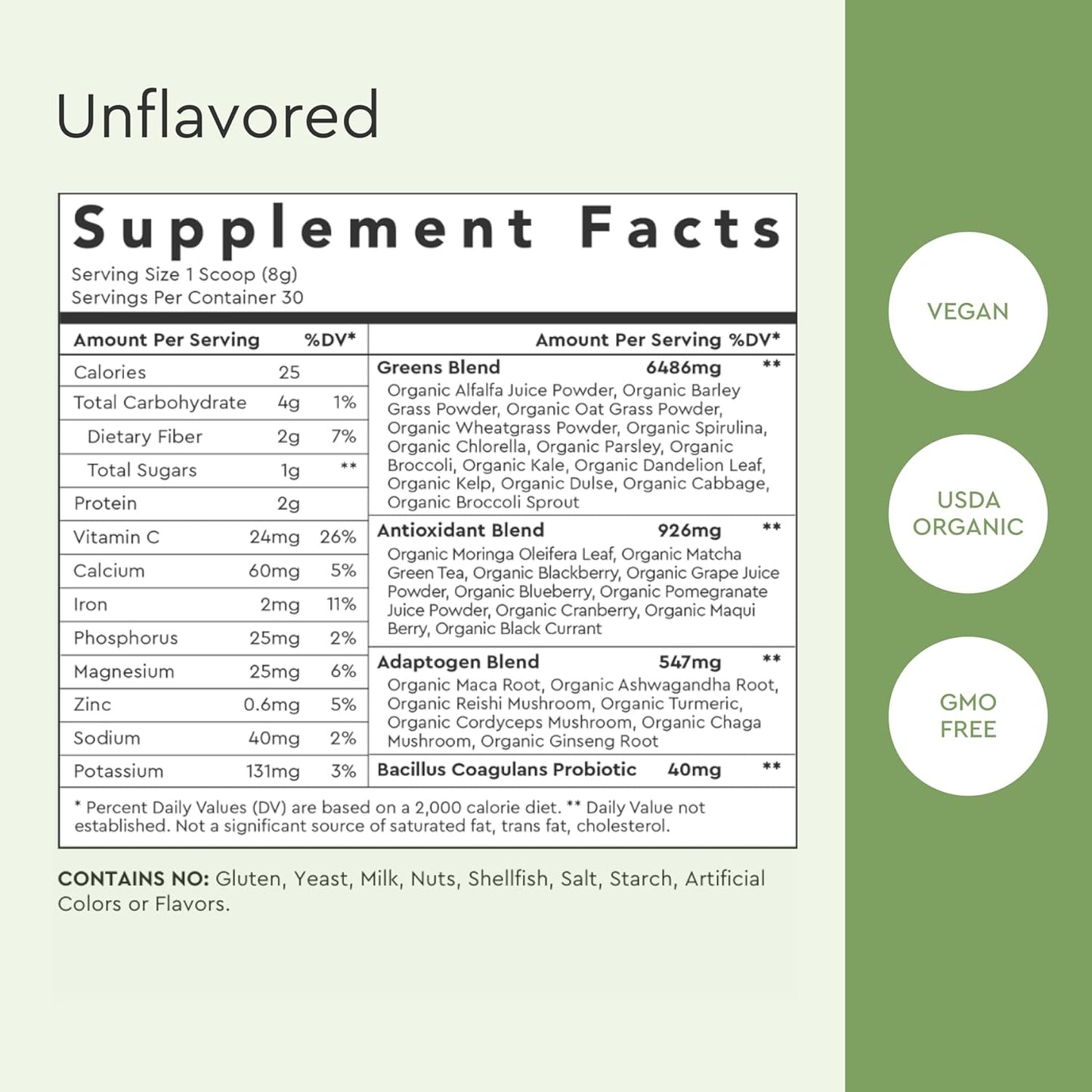 Organic Super Greens Powder with Adaptogens, Antioxidants, Probiotics - USDA Organic, Non-GMO, Vegan - 30 Servings