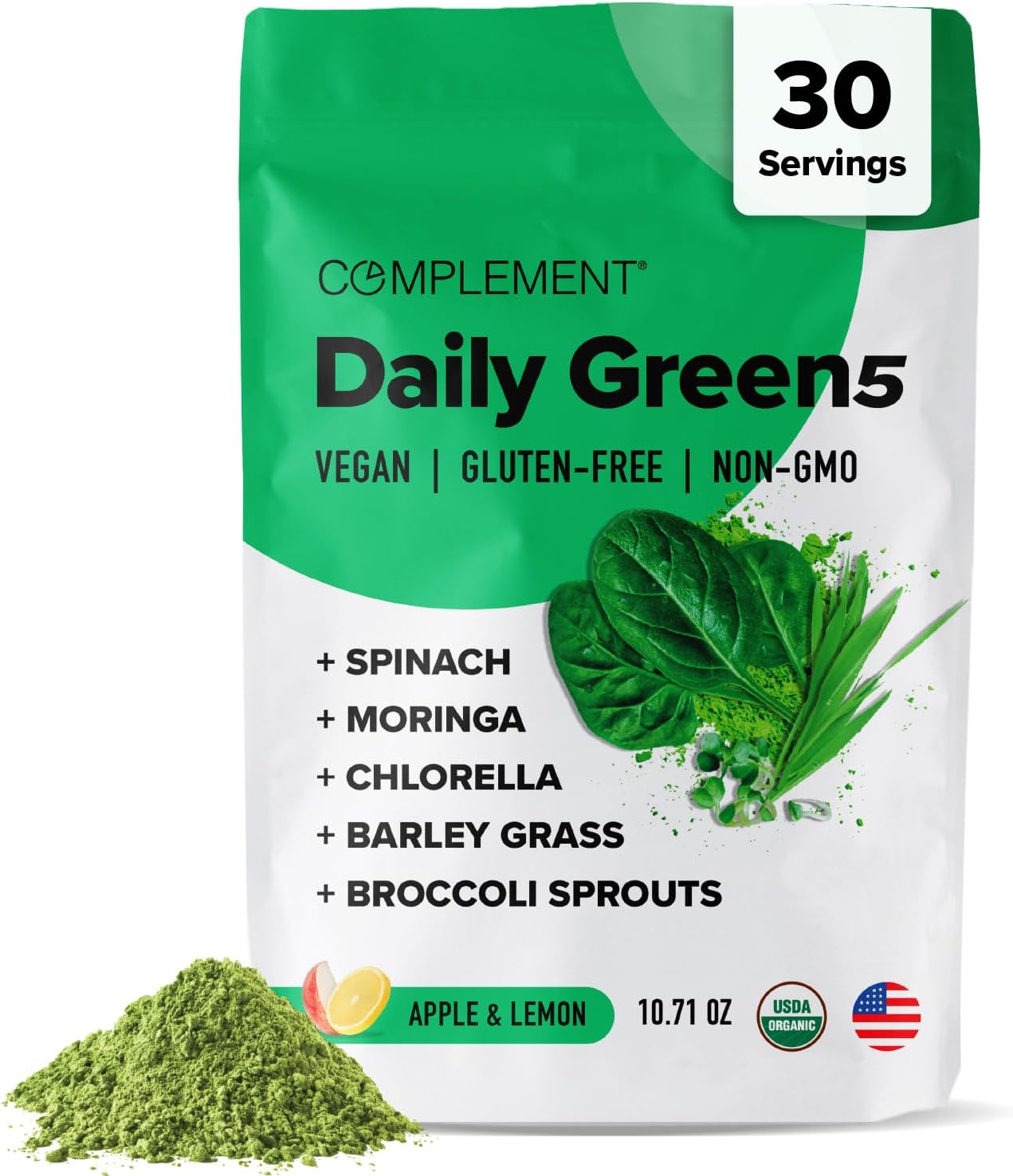 Organic Super Greens Powder with Chlorella, Barley Grass, and Broccoli Sprouts - Immune and Brain Support, Metal Detox - 30 Servings