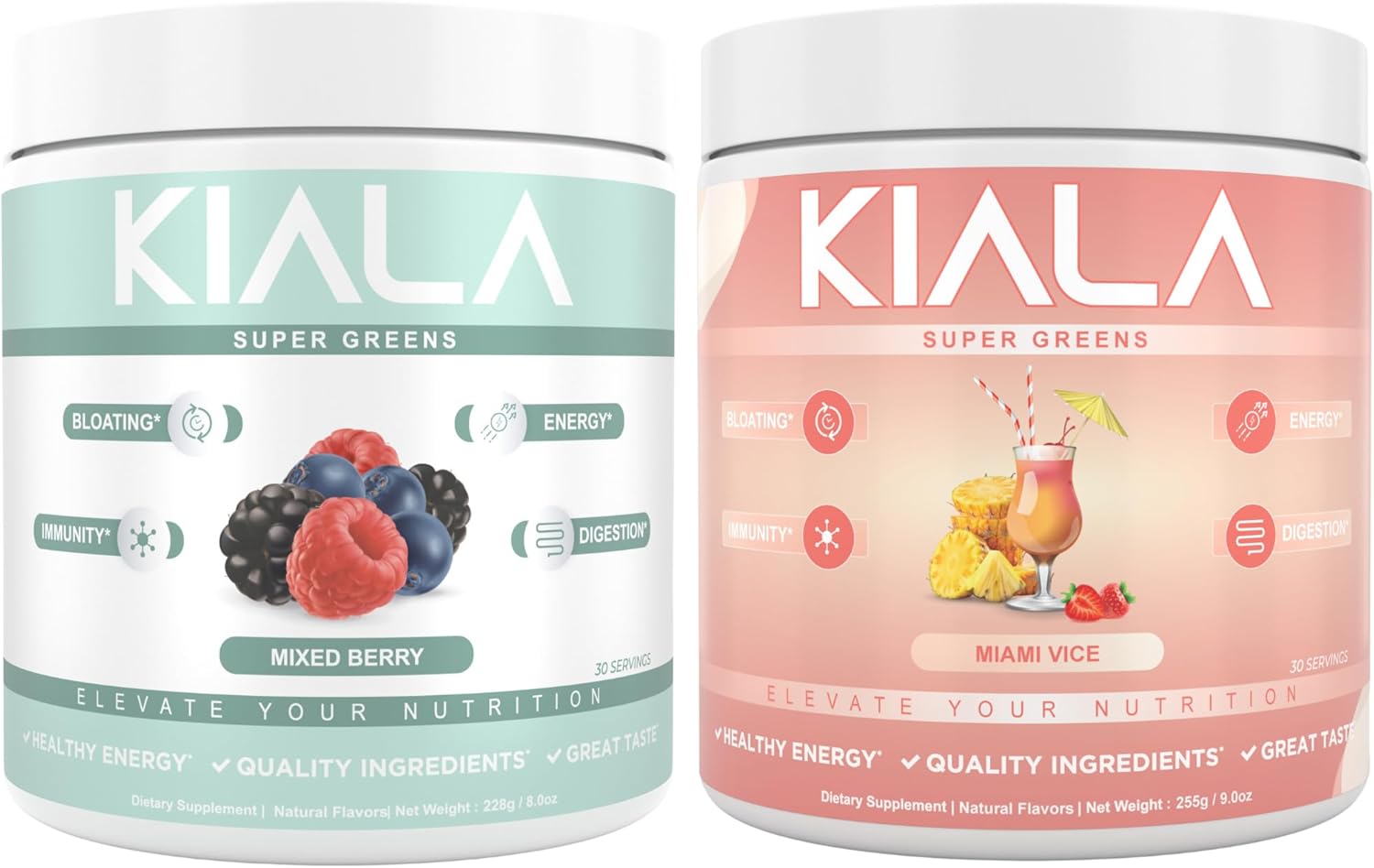 Organic Super Greens Powder with Spirulina & Chlorella for Digestion, Gut Health, Immunity, & Energy - Gluten Free, Vegan - Mixed Berry + Miami Vice Flavor - 30 Servings