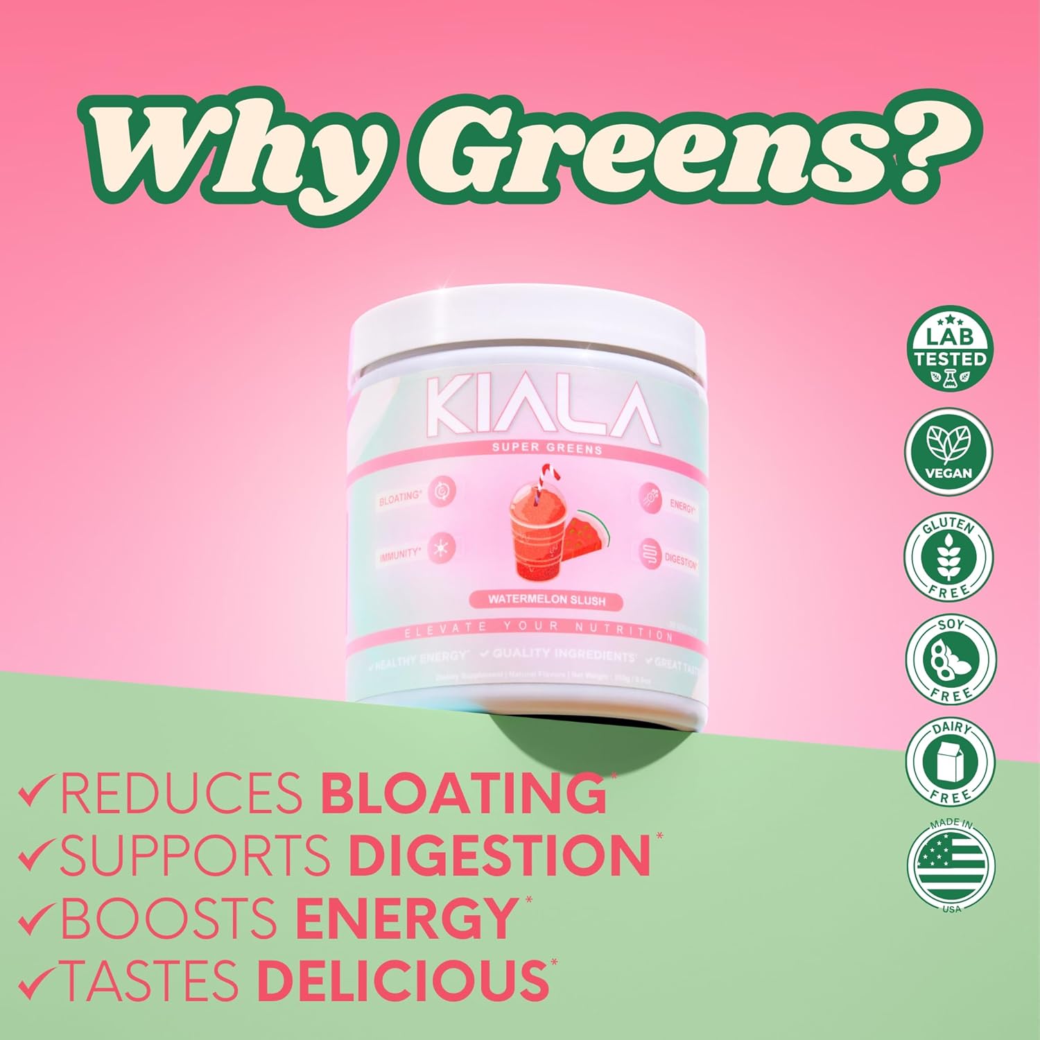 Organic Super Greens Powder with Spirulina & Chlorella for Digestion, Gut Health, Immunity & Energy - Watermelon Slush Flavor - 30 Servings, Gluten Free & Vegan - Daily Support for Women