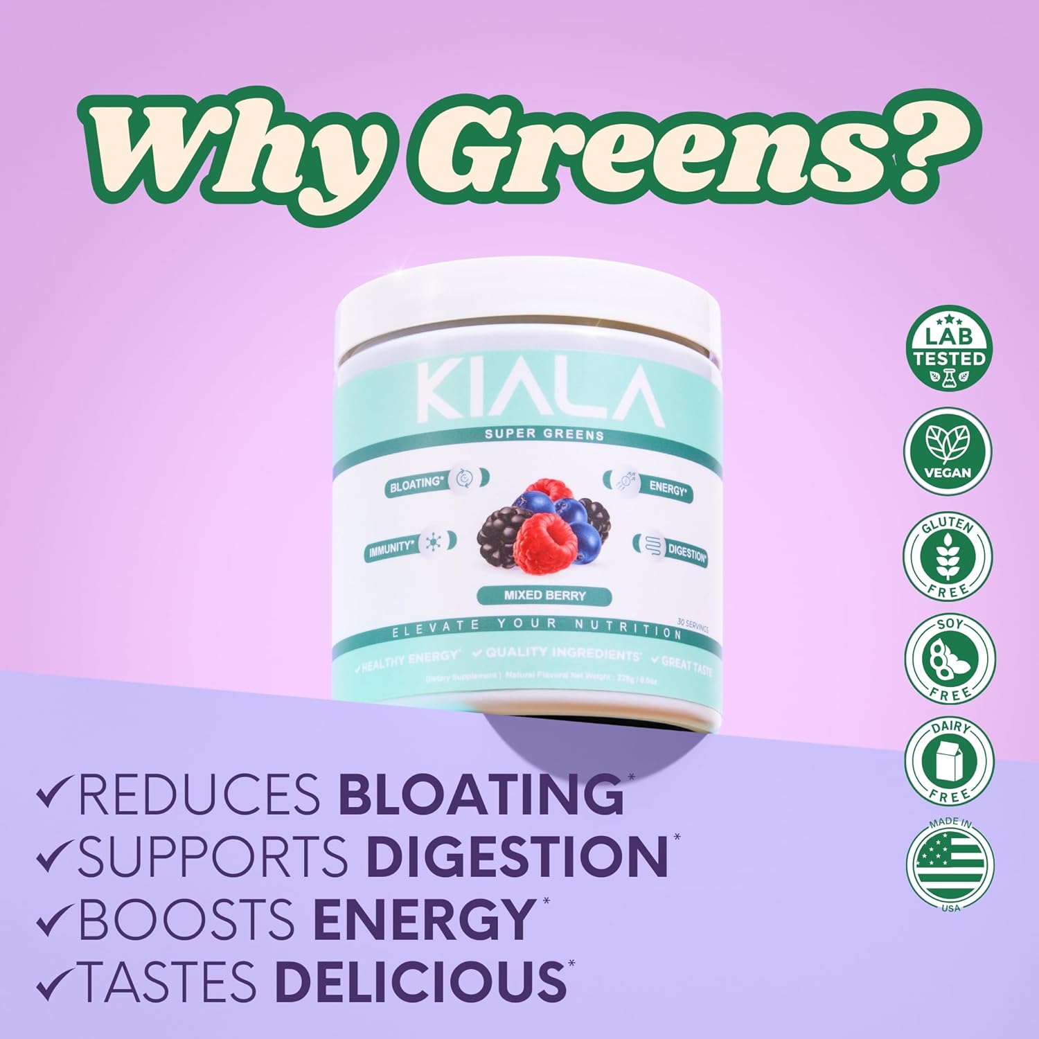 Organic Super Greens Powder with Spirulina & Chlorella for Women - Daily Digestive and Immune Support, Energy Boost - Mixed Berry Flavor, 30 Servings