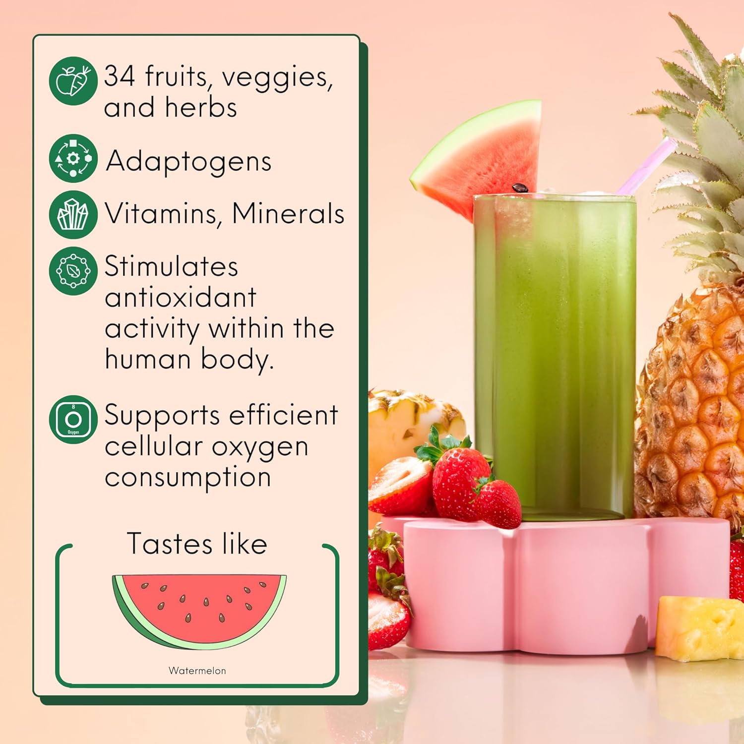 Organic Super Greens Powder with Spirulina & Chlorella for Digestion, Gut Health, Immunity & Energy - Watermelon Slush Flavor - 30 Servings, Gluten Free & Vegan - Daily Support for Women