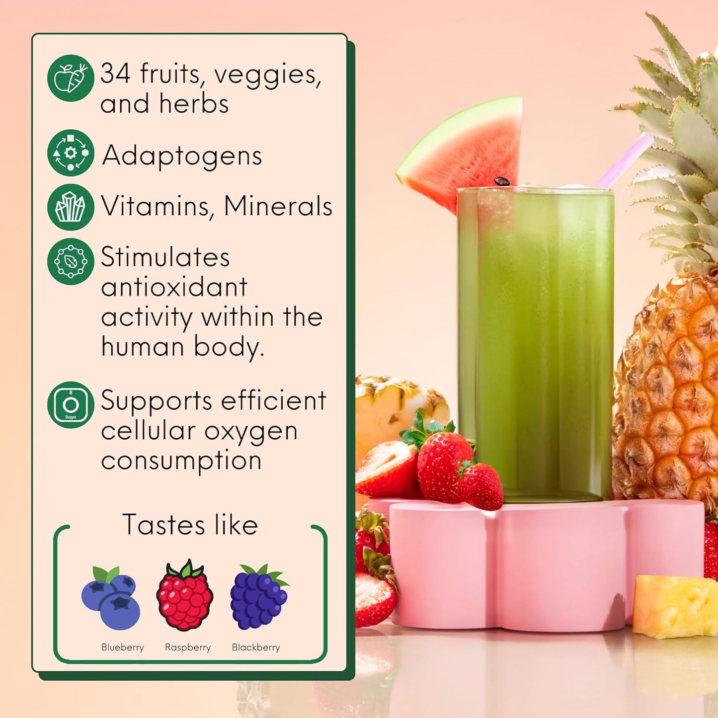 Organic Super Greens Powder with Spirulina & Chlorella for Women - Daily Digestive and Immune Support, Energy Boost - Mixed Berry Flavor, 30 Servings