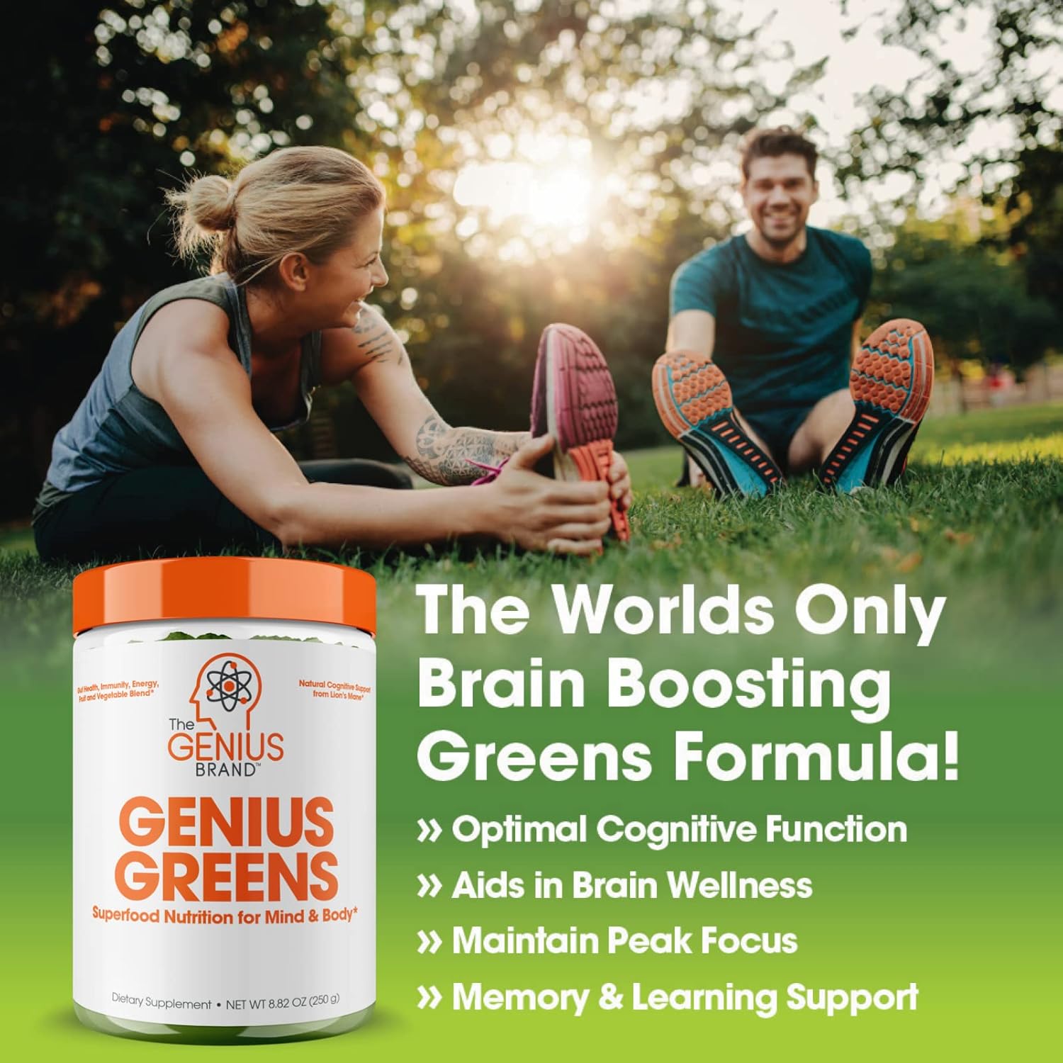 Organic Super Greens Superfood Powder with Nootropic Benefits - Spirulina, Lion's Mane, Kale, Spinach & Antioxidants - Boost Energy & Immunity