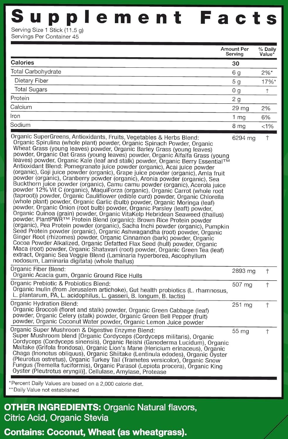 Organic Superfood Blend with Probiotics, Antioxidants, and Hydration | 10g Superfoods, 5g Fiber | 70+ Superfoods | 45 Stick Packs