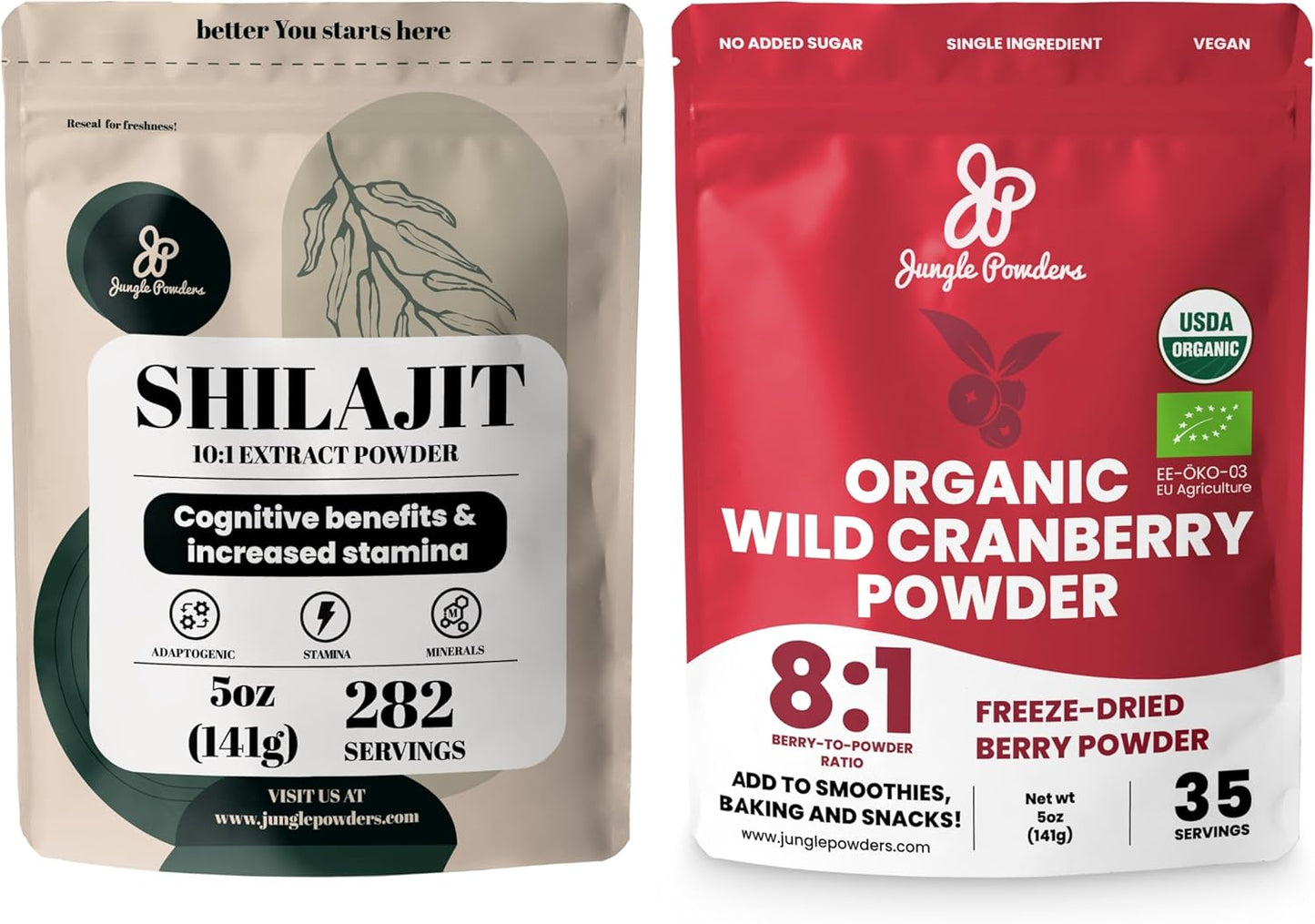 Organic Superfood Bundle: 5oz Shilajit & Wild Cranberry Powder - Energy & Immune Support, USDA Certified, Ideal for Baking & Smoothies