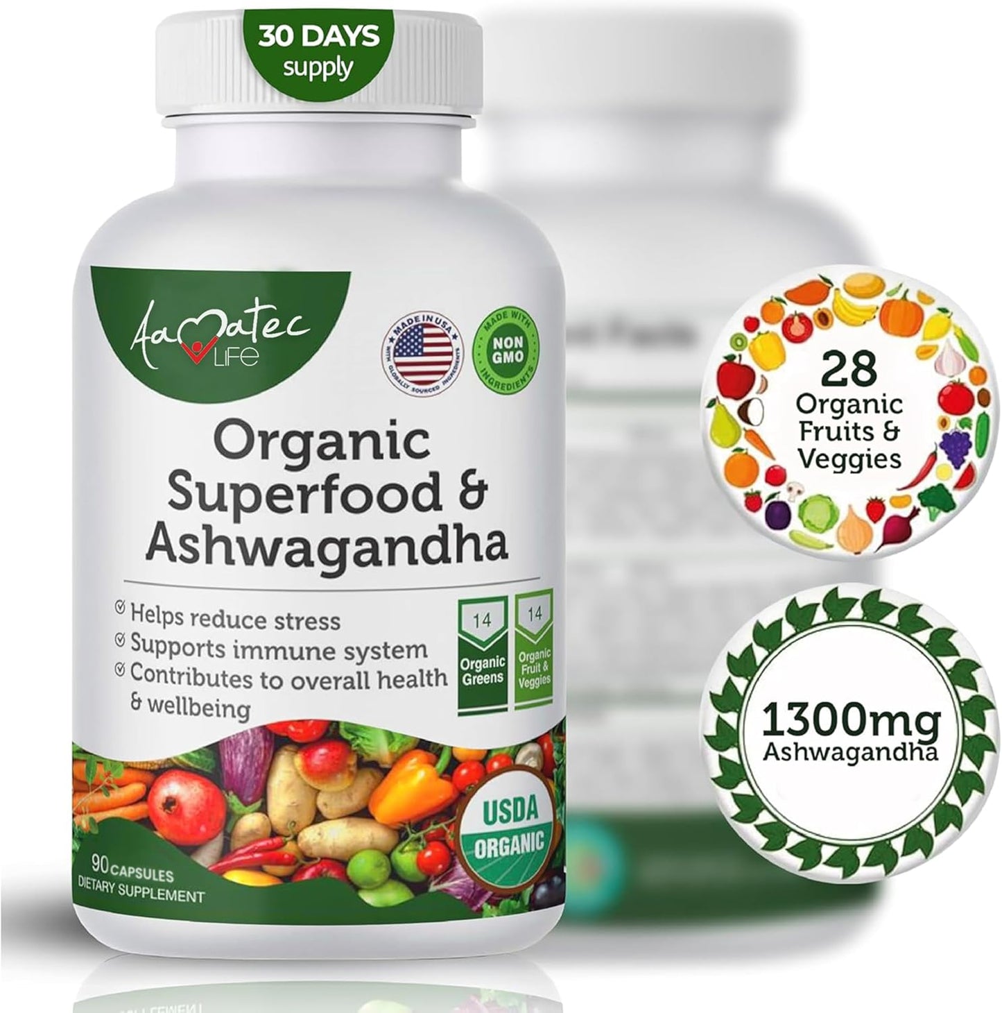 Organic Superfood Greens Fruits Veggies Complex with Ashwagandha - Antioxidant Rich 2-in-1 Supplement - Non-GMO 90 Capsules