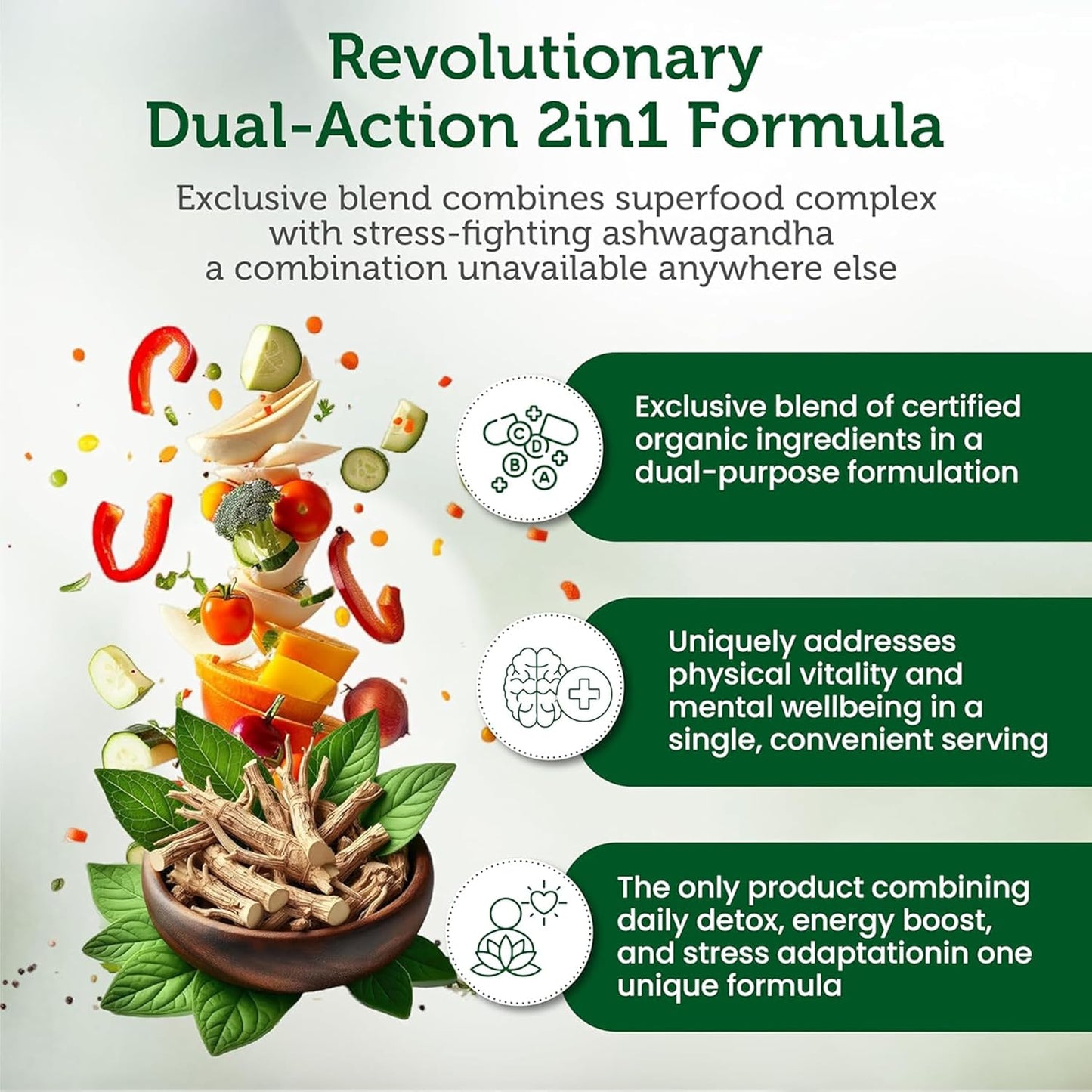 Organic Superfood Greens Fruits Veggies Complex with Ashwagandha - Antioxidant Rich 2-in-1 Supplement - Non-GMO 90 Capsules