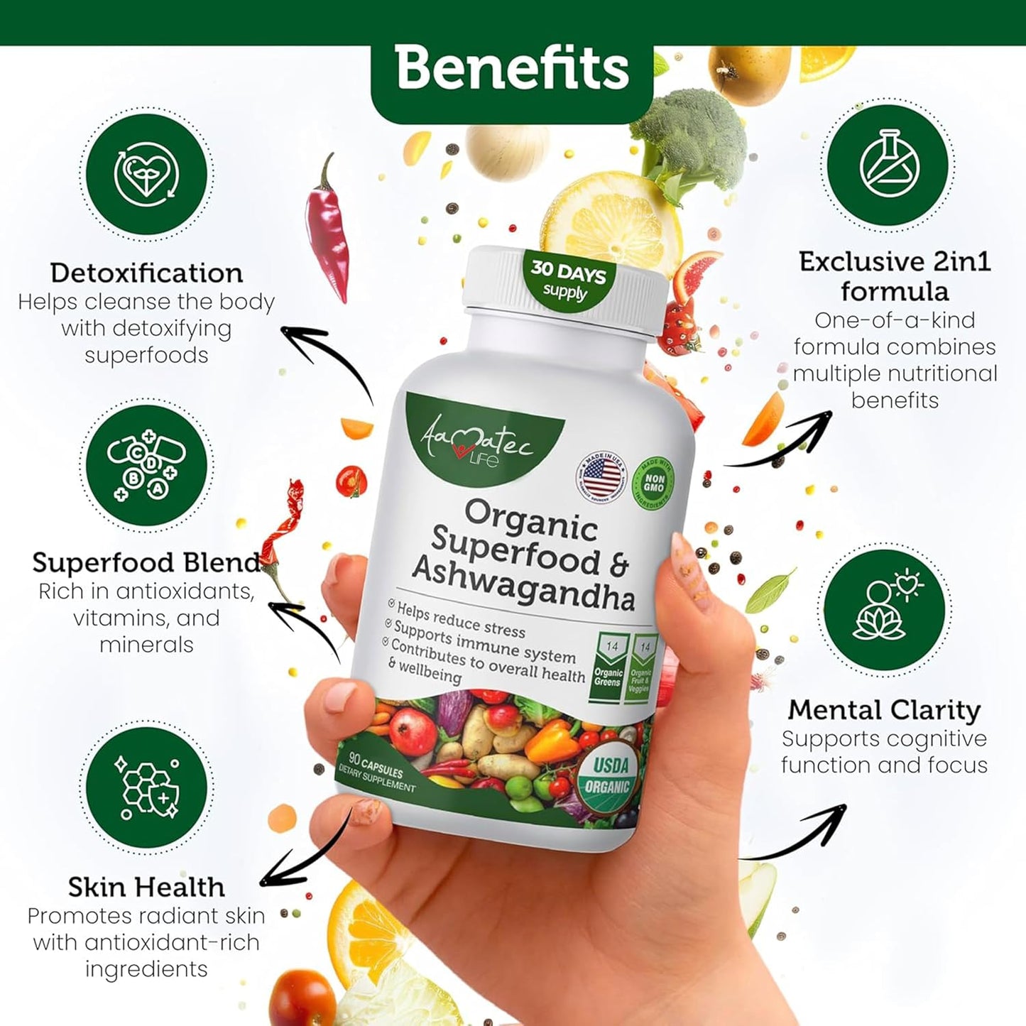 Organic Superfood Greens Fruits Veggies Complex with Ashwagandha - Antioxidant Rich 2-in-1 Supplement - Non-GMO 90 Capsules