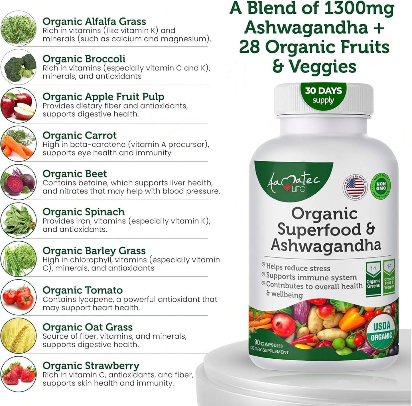 Organic Superfood Greens Fruits Veggies Complex with Ashwagandha - Antioxidant Rich 2-in-1 Supplement - Non-GMO 90 Capsules