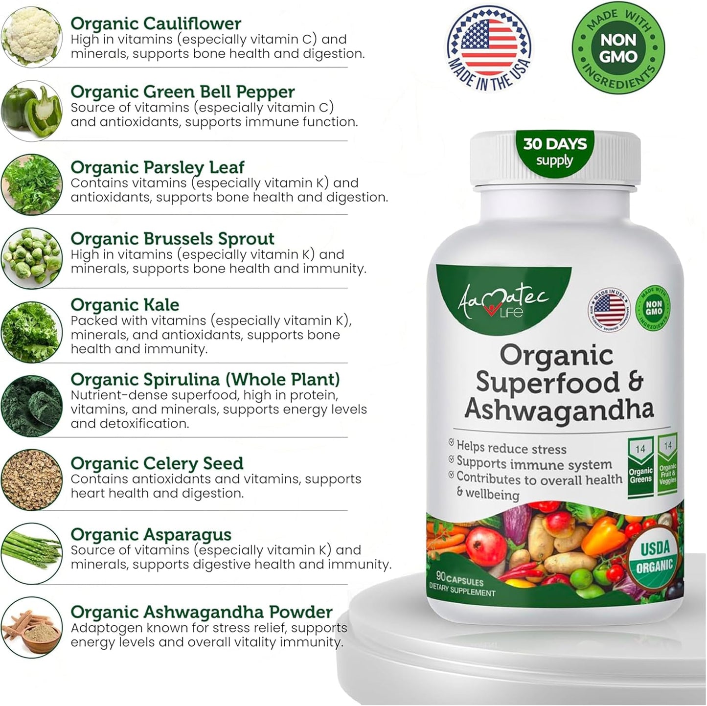 Organic Superfood Greens Fruits Veggies Complex with Ashwagandha - Antioxidant Rich 2-in-1 Supplement - Non-GMO 90 Capsules