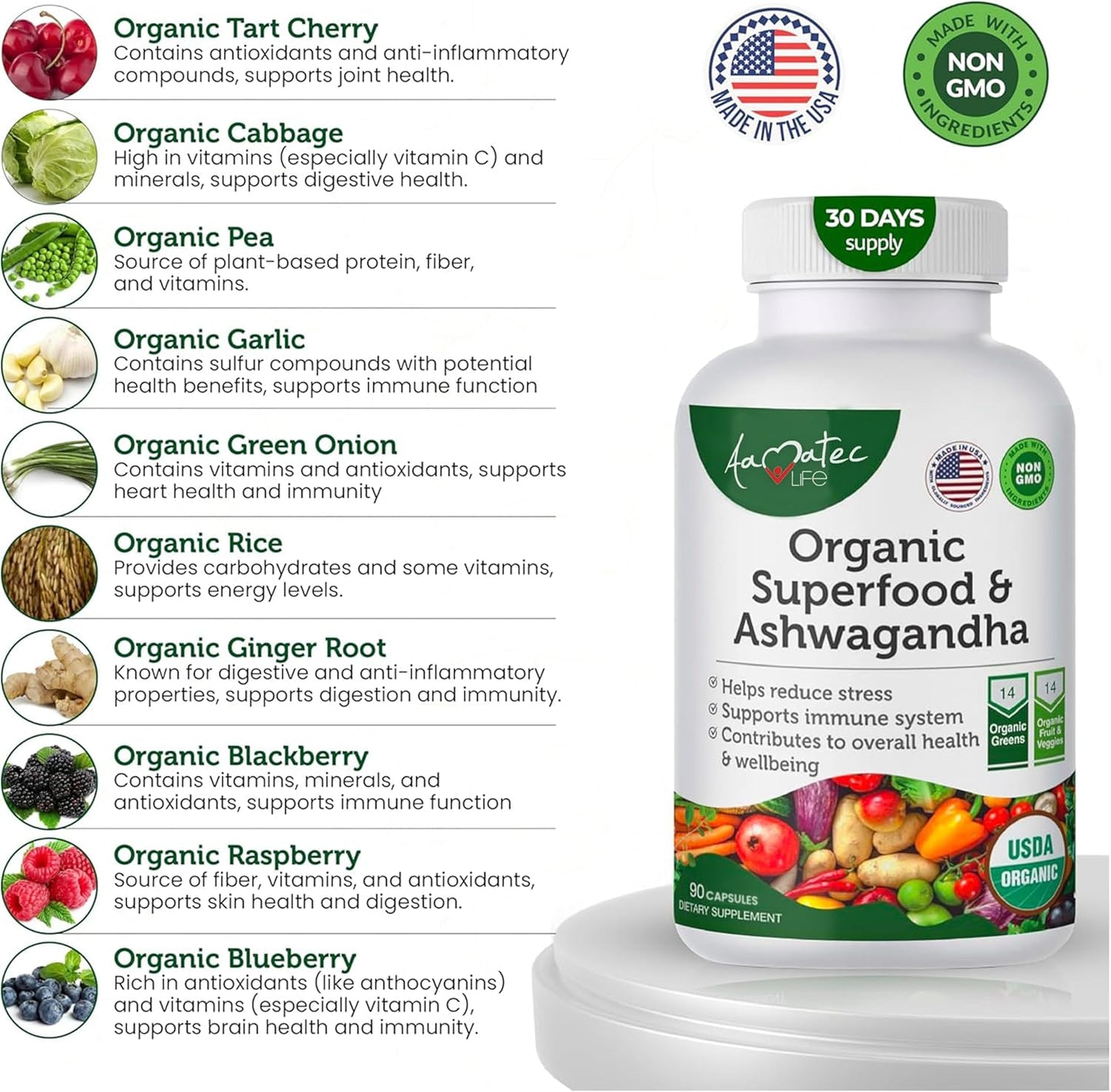 Organic Superfood Greens Fruits Veggies Complex with Ashwagandha - Antioxidant Rich 2-in-1 Supplement - Non-GMO 90 Capsules