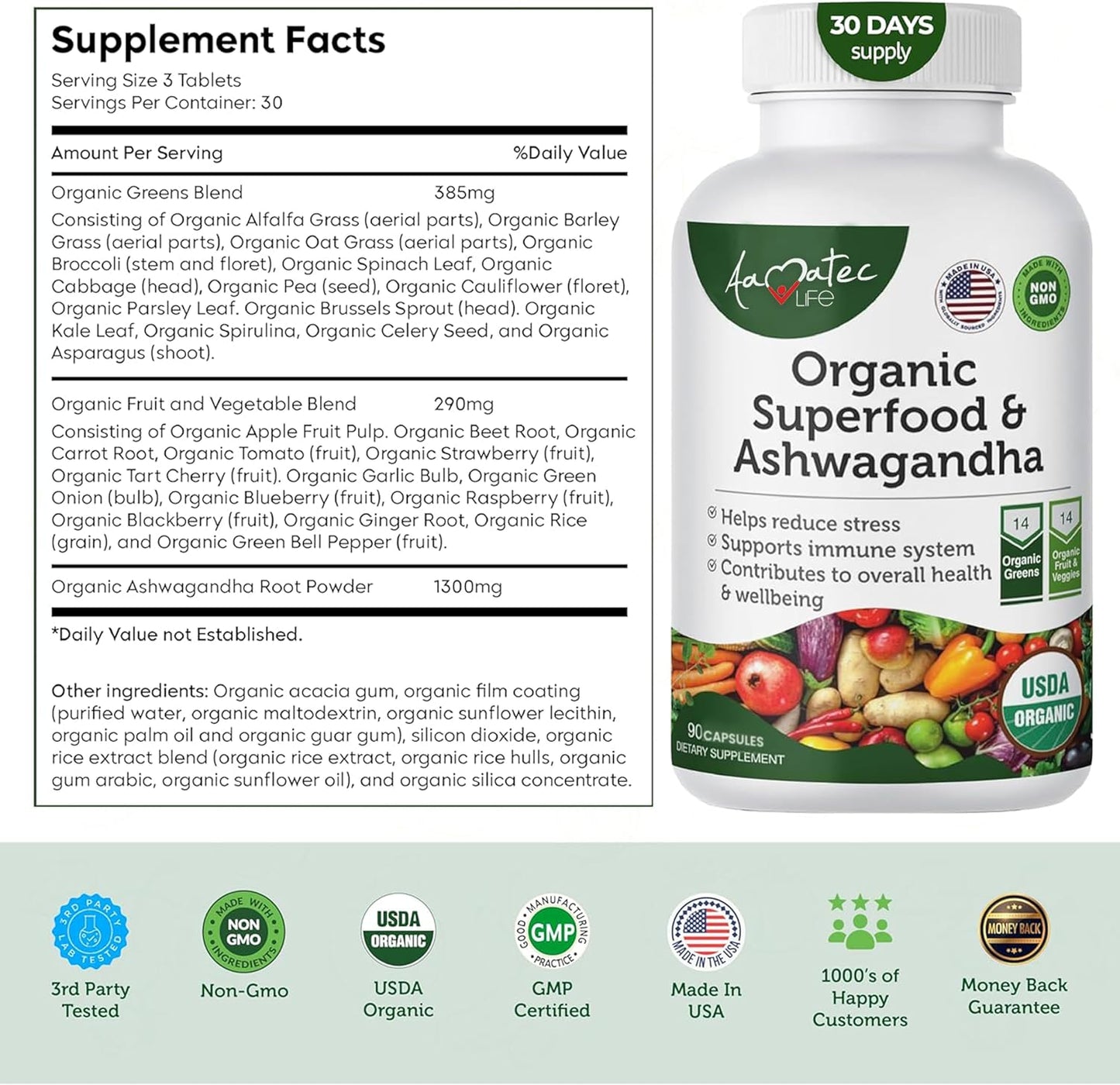 Organic Superfood Greens Fruits Veggies Complex with Ashwagandha - Antioxidant Rich 2-in-1 Supplement - Non-GMO 90 Capsules