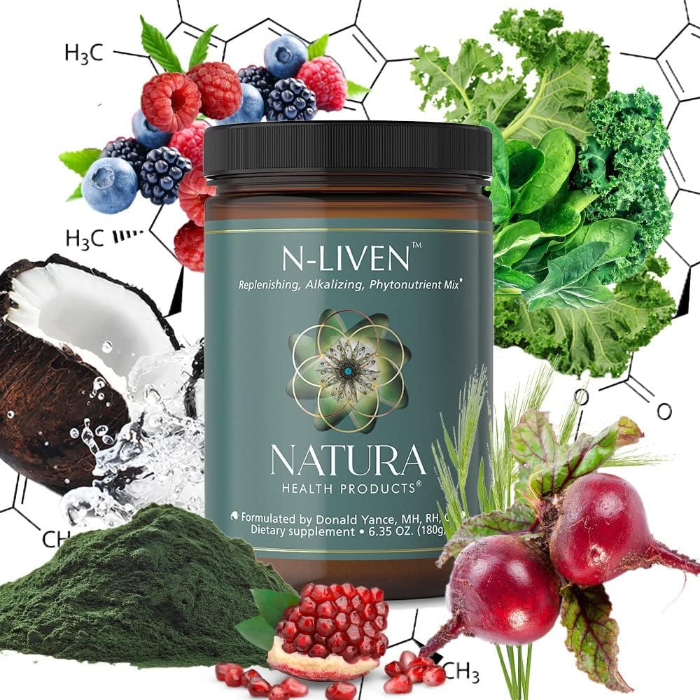 Organic Superfood Greens Powder Drink with Spirulina, Chlorophyll, Barley Grass, Kale, Spinach, Goji Berry, Raspberry - Natura Health Products N-liven Supplement (180g)