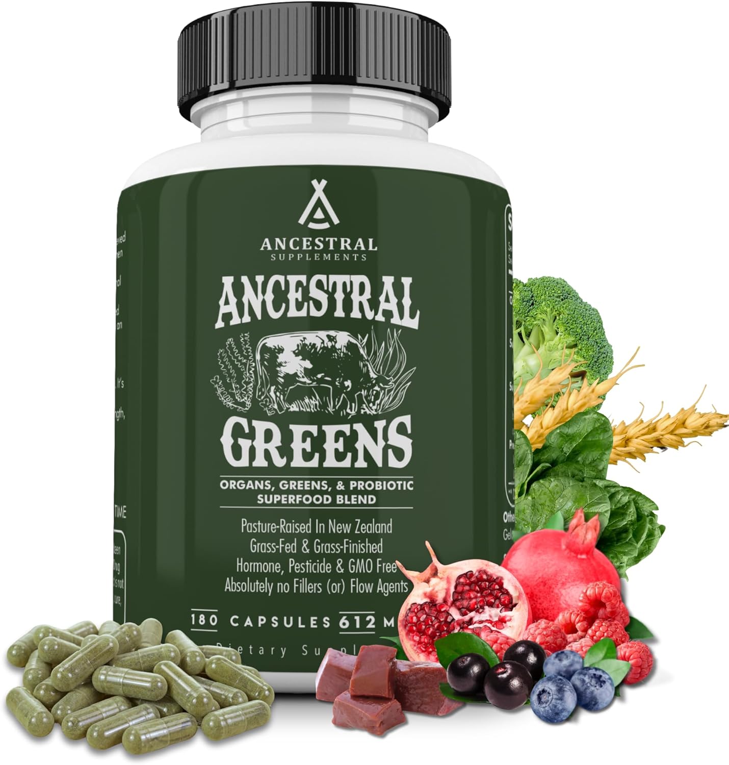 Organic Superfood Greens & Reds Blend Capsules with Grass Fed Beef Organs, Probiotics, Non GMO - 180 Count