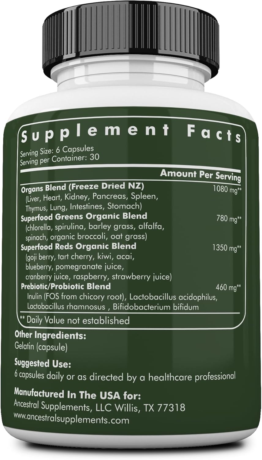 Organic Superfood Greens & Reds Blend Capsules with Grass Fed Beef Organs, Probiotics, Non GMO - 180 Count