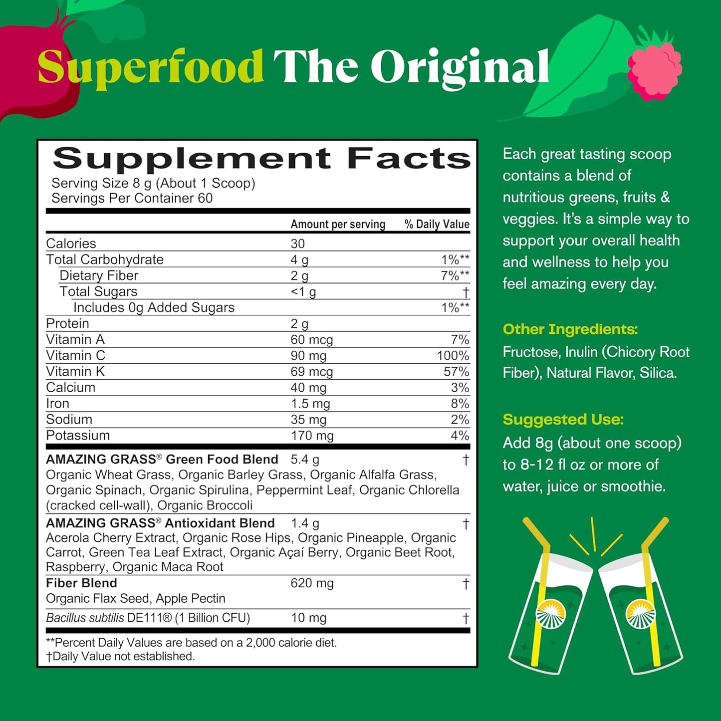 Organic Superfood Powder with Digestive Enzymes, Probiotics, Spirulina, Chlorella, Beet Root - 60 Servings